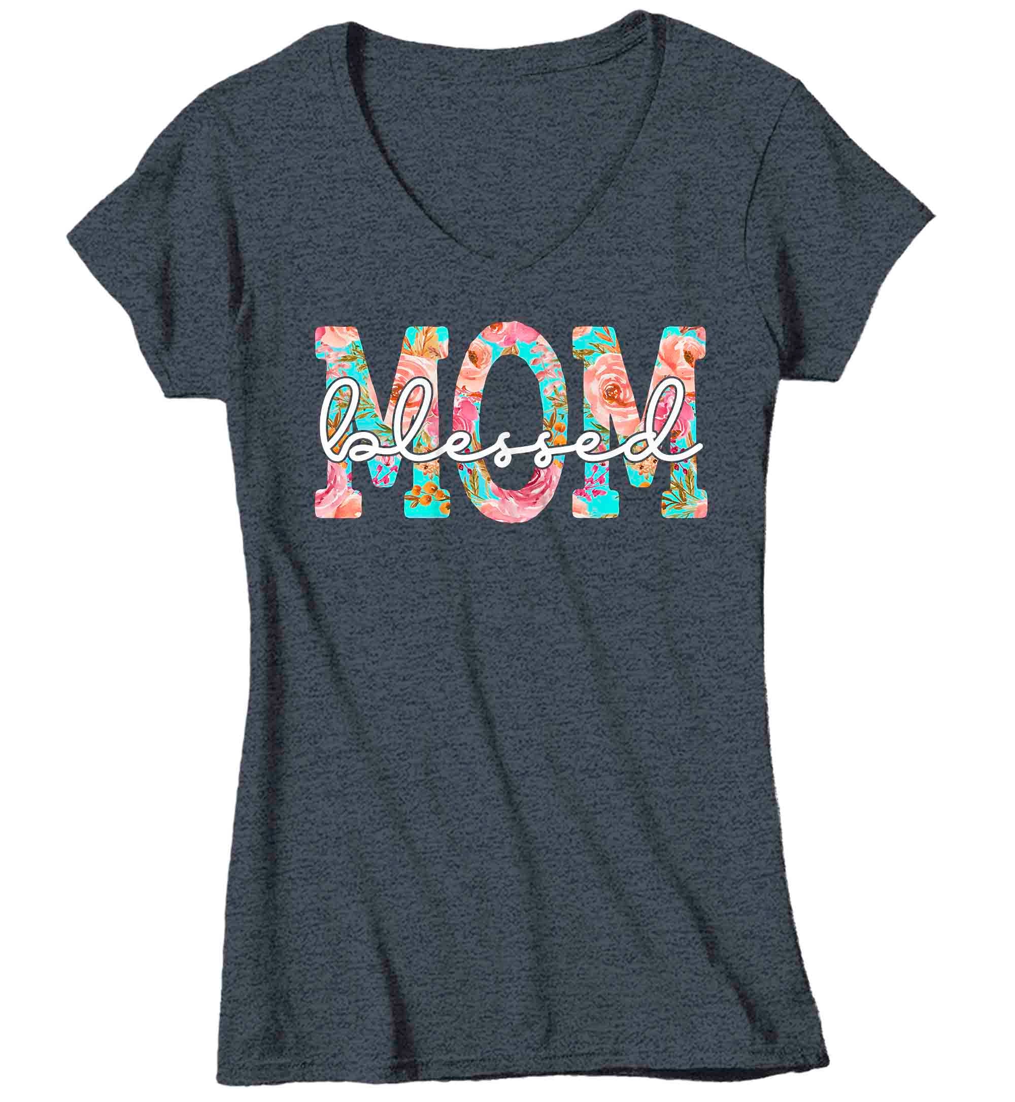 Women's V-Neck Blessed Mom Shirt Mother's Day Gift Shirt