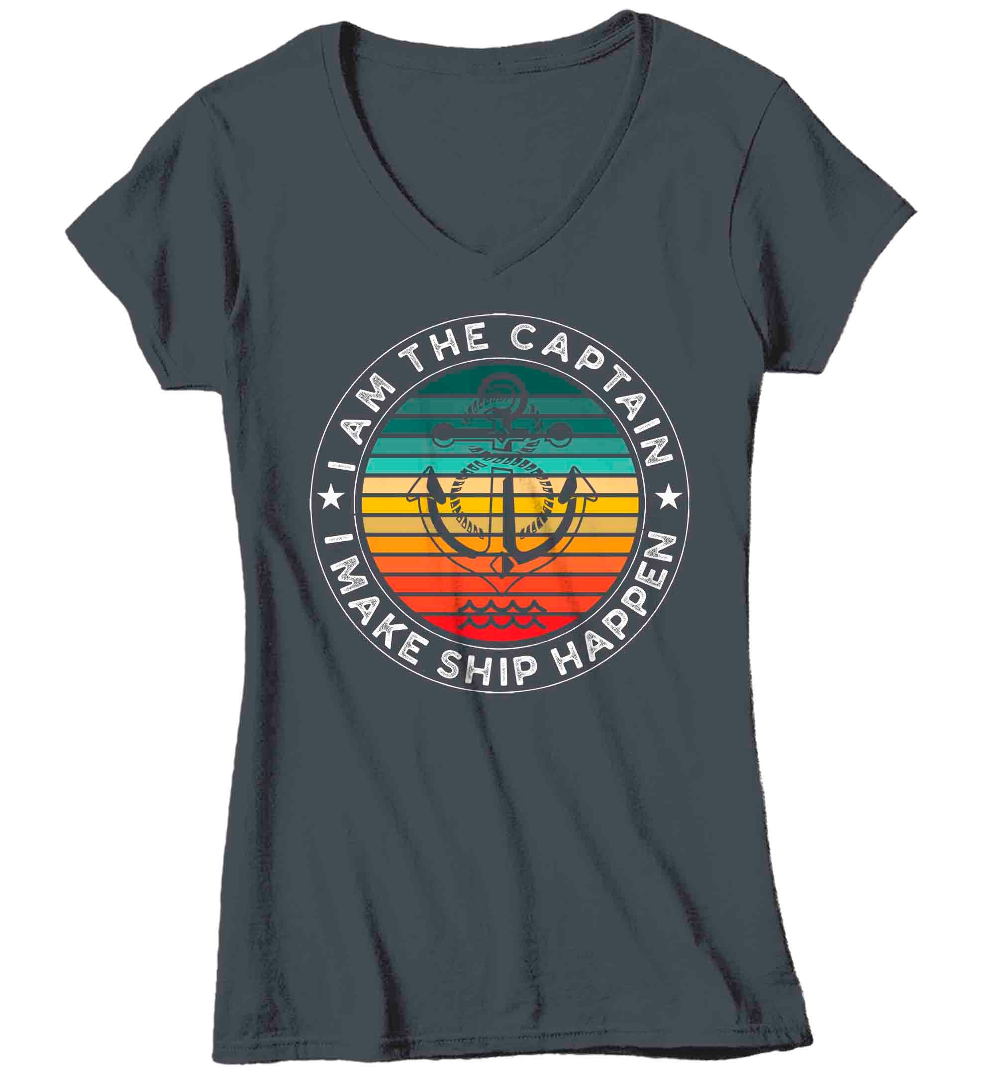 Women's V-Neck Funny Boating Shirt I Am The Captain T Shirt Make Ship Happen Pontoon Boat Gift A