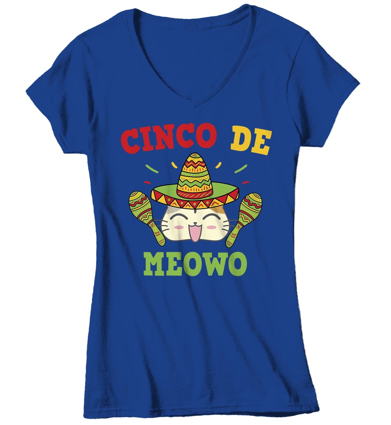 Women's V-Neck Cinco De Mayo T Shirt Cinco De Meowo Shirt Funny Cinco De Mayo Cat Shirt Meowo Sh