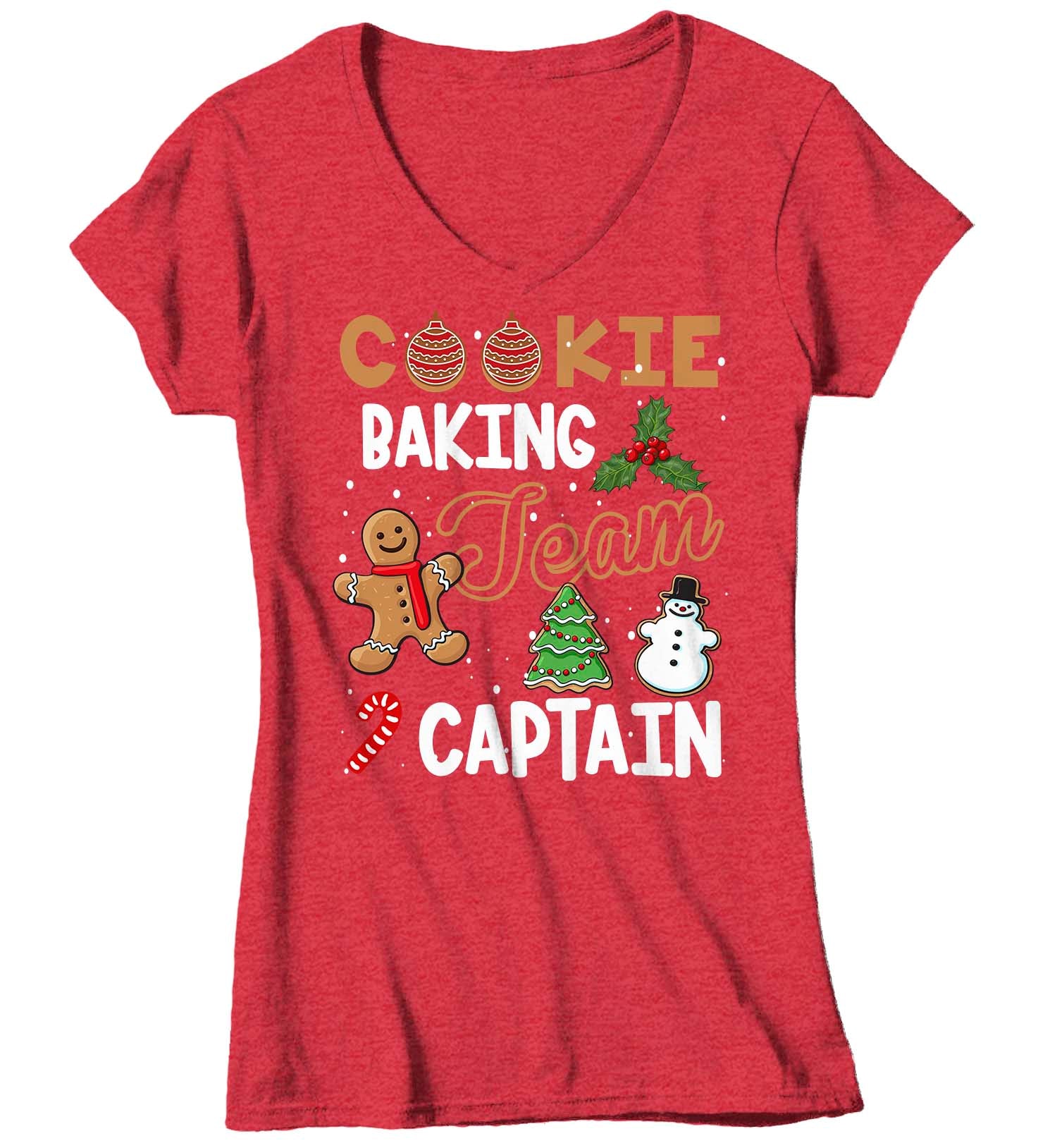 Women's V-Neck Christmas T Shirt Cookie Baking Team Captain 