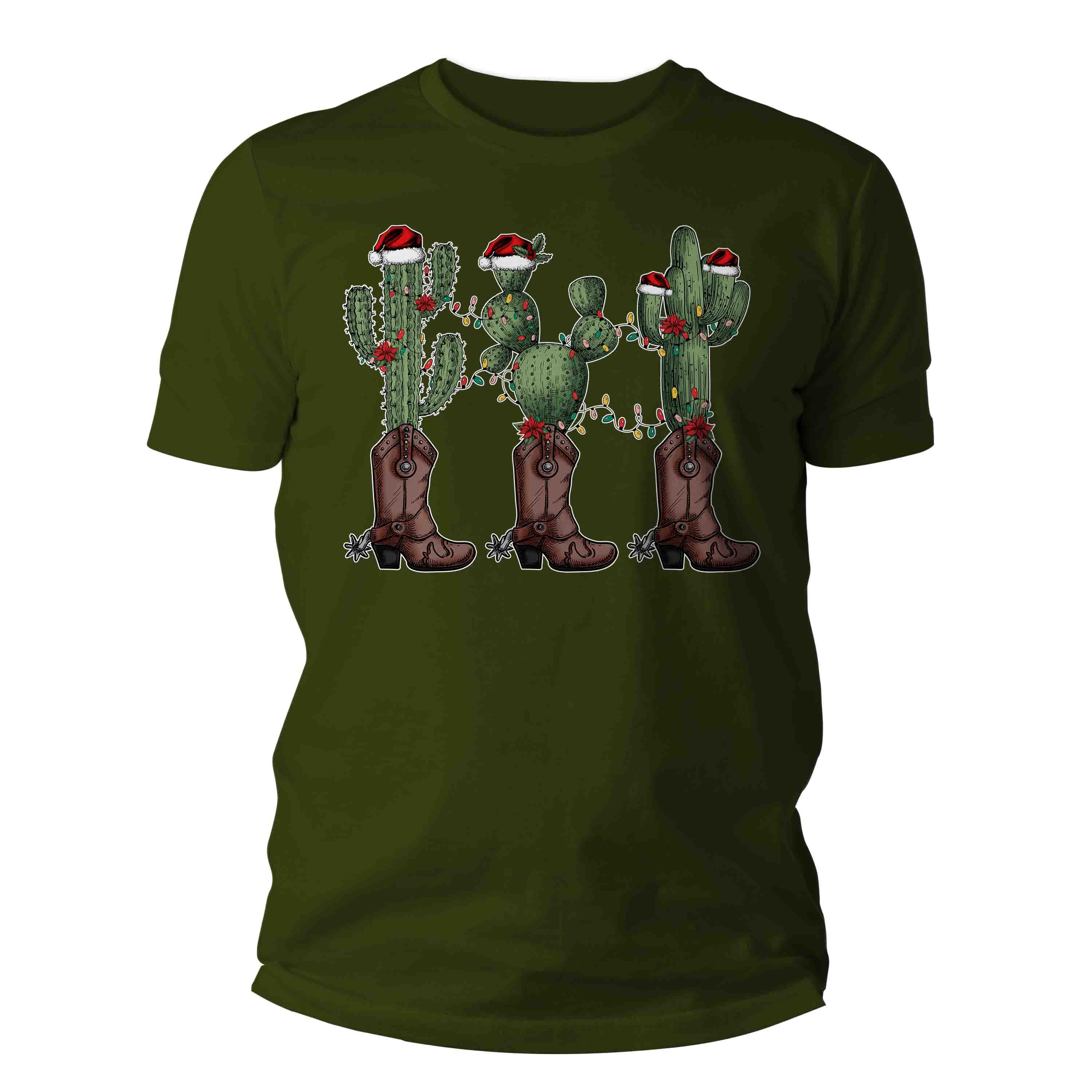 Men's Christmas Tree Shirt Cowboy XMas Lights Cactus T Shirt Cute Tee Western Desert Country Hol