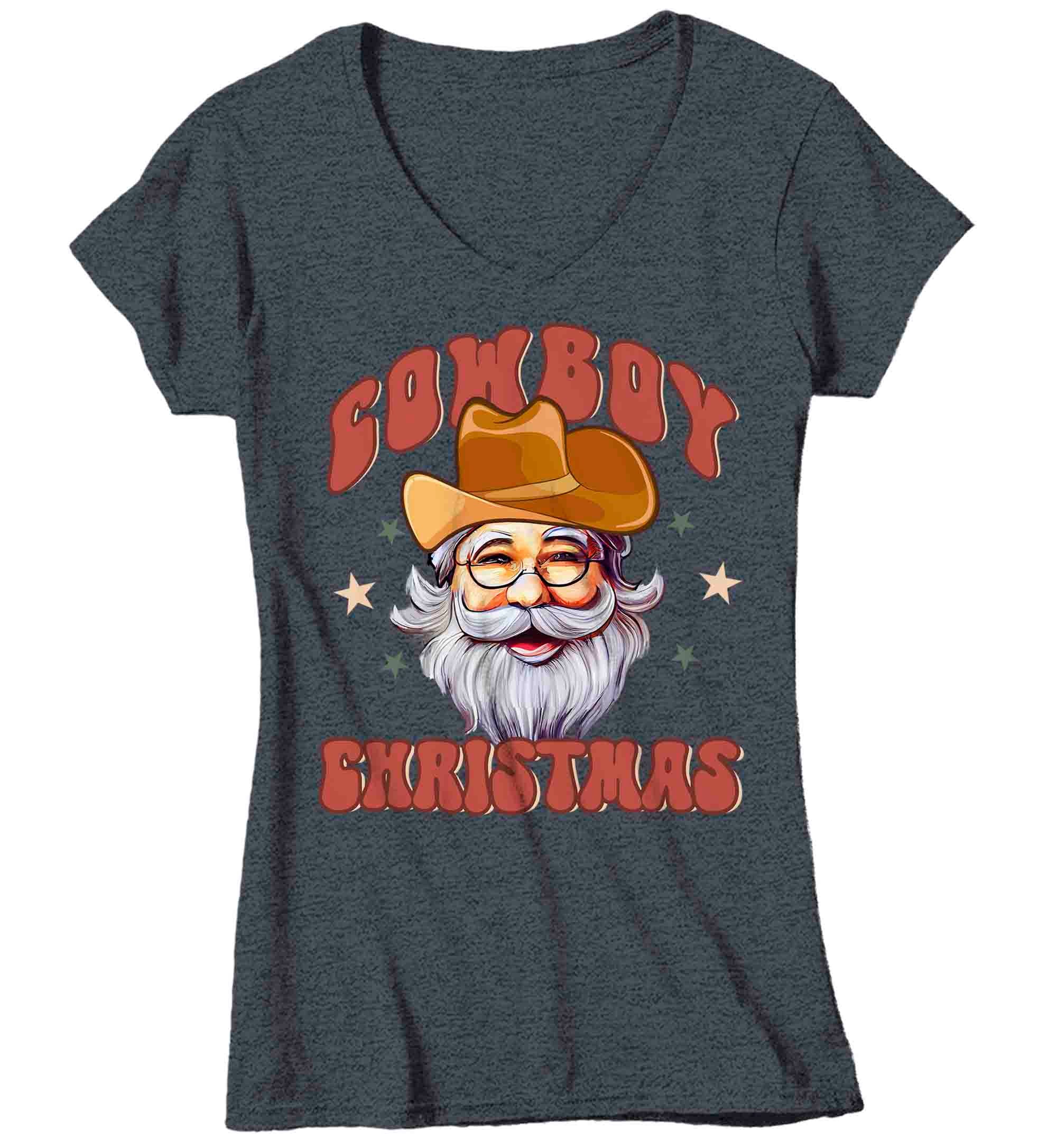 Women's V-Neck Cowboy Christmas Shirt Santa Cow Boy Hat XMas Happy Desert Cute Tee Western Count