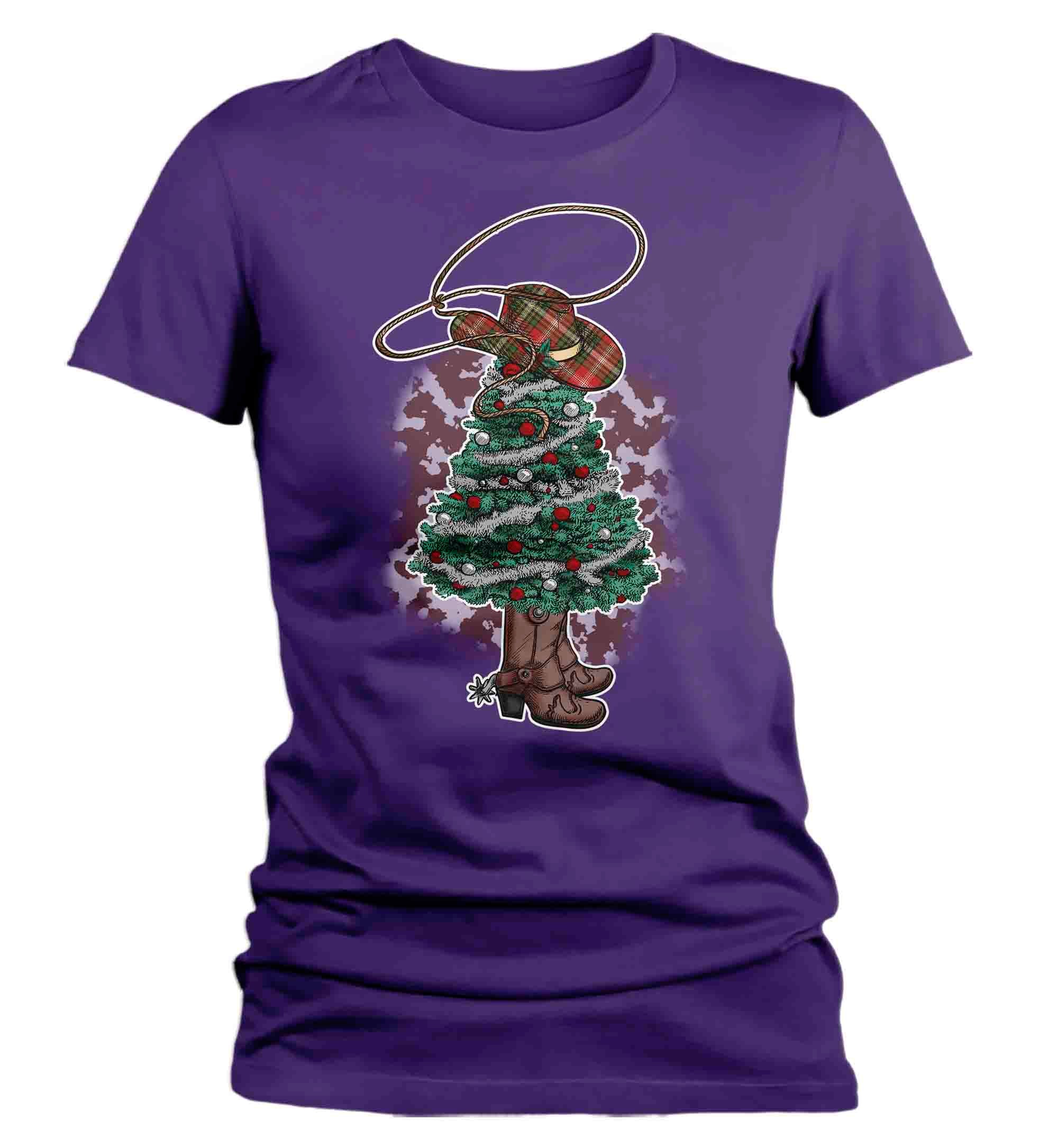 Women's Christmas Tree Shirt Cowboy XMas Lights Boots T Shir