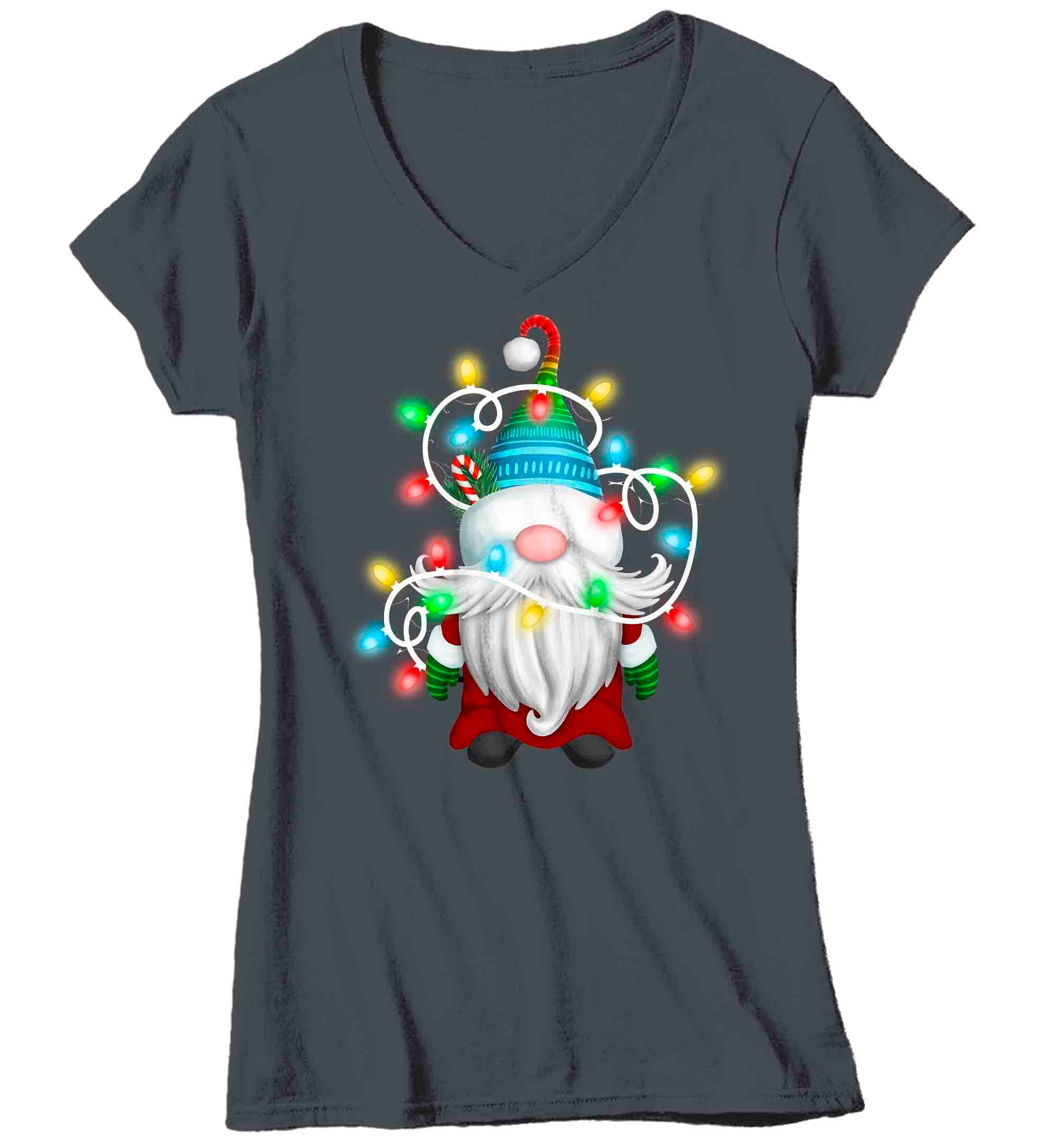 Women's V-Neck Cute Christmas Shirt Gnome Xmas T Shirts Holiday T Shirts Christmas Lights Funny 