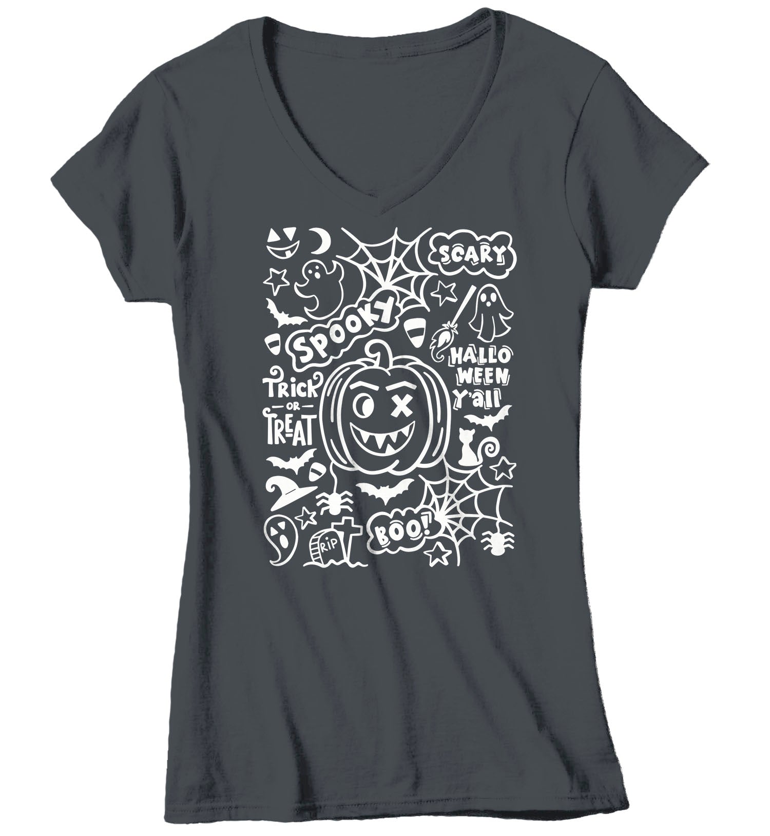 Women's V-Neck Cute Halloween T Shirt Typography Shirt Spooky Halloween Shirt Doodle Shirt Hallo