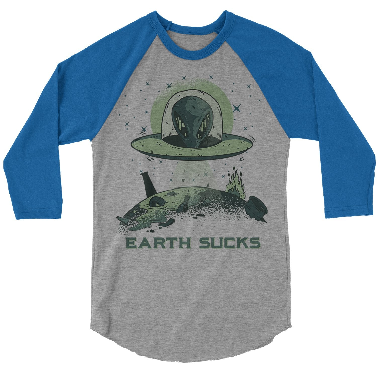 Men's Alien T-Shirt Earth Sucks Shirt Space 3/4 Sleeve Raglan Graphic Tee Aliens Celestial Shirt