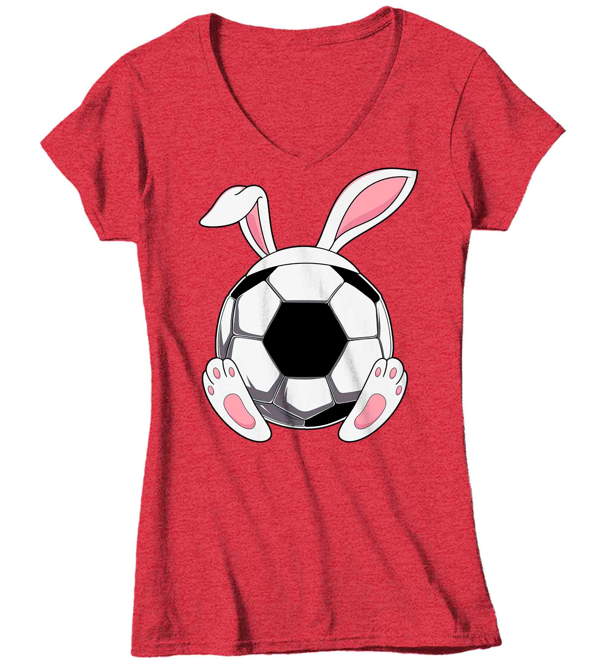 Women's V-Neck Funny Easter T Shirt Soccer Ball Bunny Shirt Rabbit Ears Feet Soccer Coach Gym Te