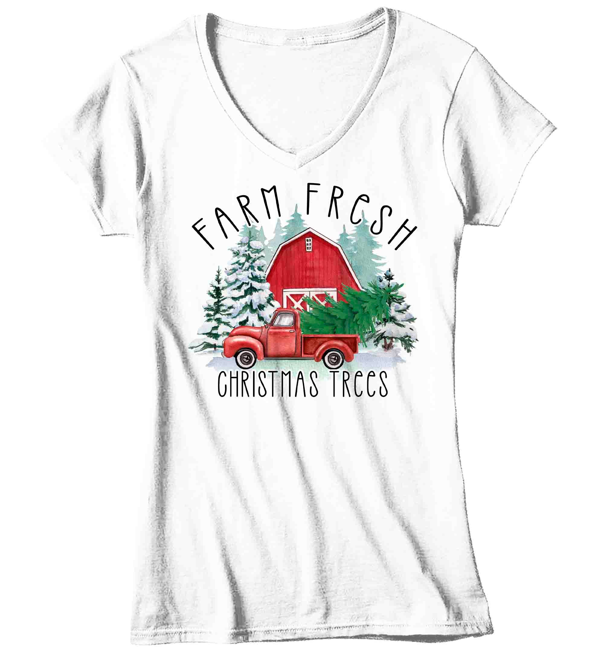 Women's V-Neck Christmas Shirt Farm Fresh Trees T Shirt Farmer Tee Tree Fir Pine Country Farming