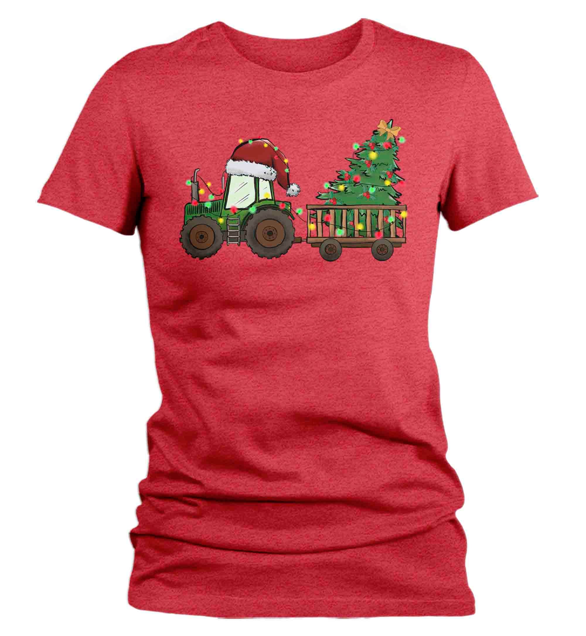 Women's Christmas Shirt Tractor XMas Lights T Shirt Farmer Tee Tree Lights Santa Hat Farming Far