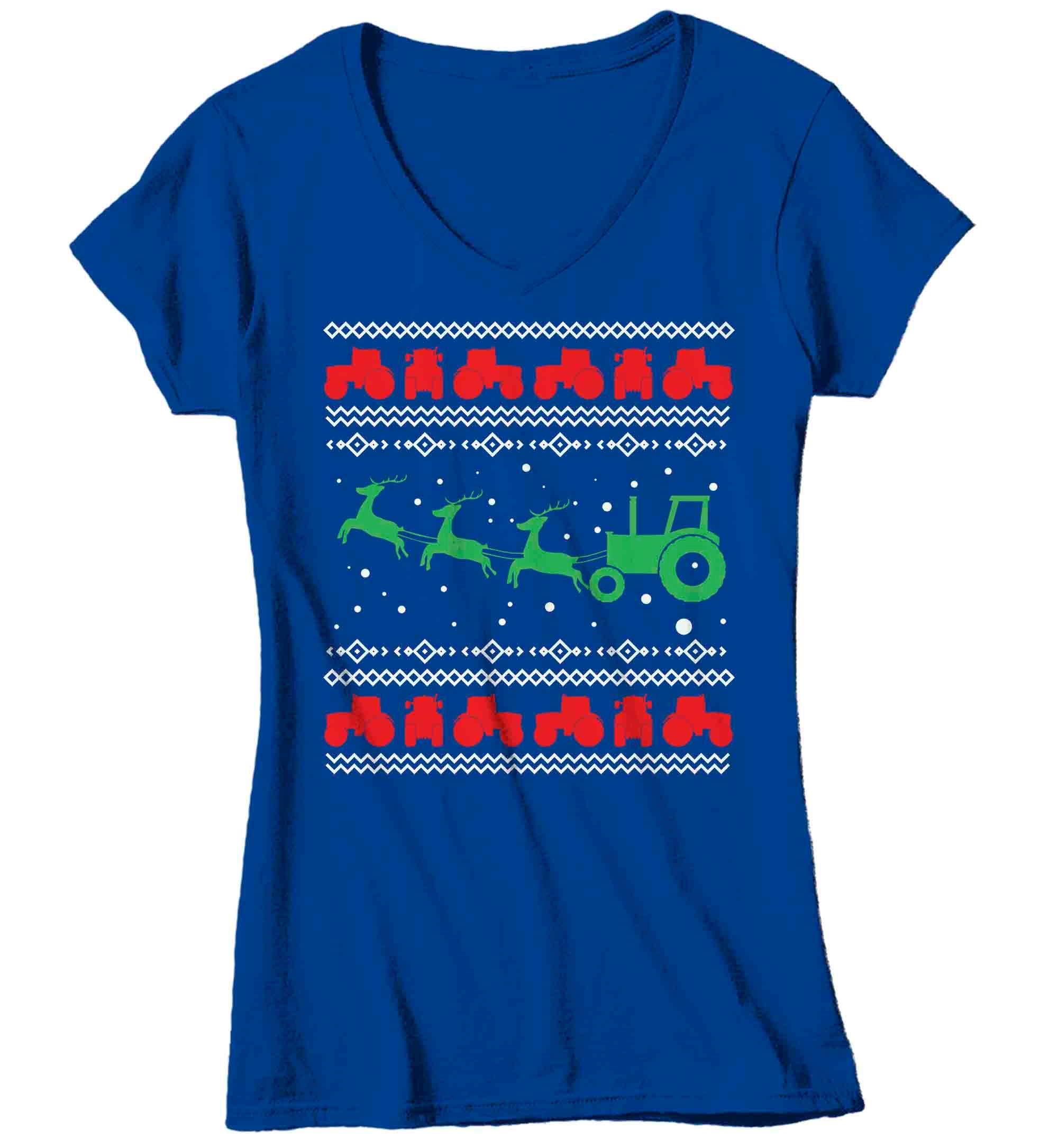 Women's V-Neck Funny Christmas Tee Ugly Tractor Shirt Farming Christmas T Shirt Farm Reindeer Sh