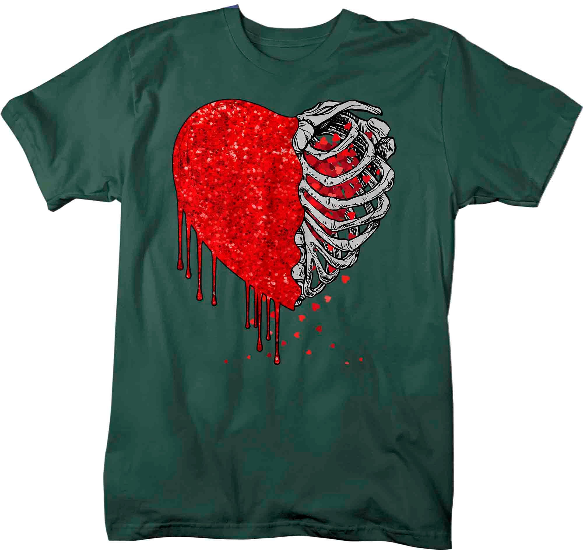 Men's Valentine's Day T Shirt Grunge Shirt Rib Skeleton Tee Glitter Heart Halloween TShirt M