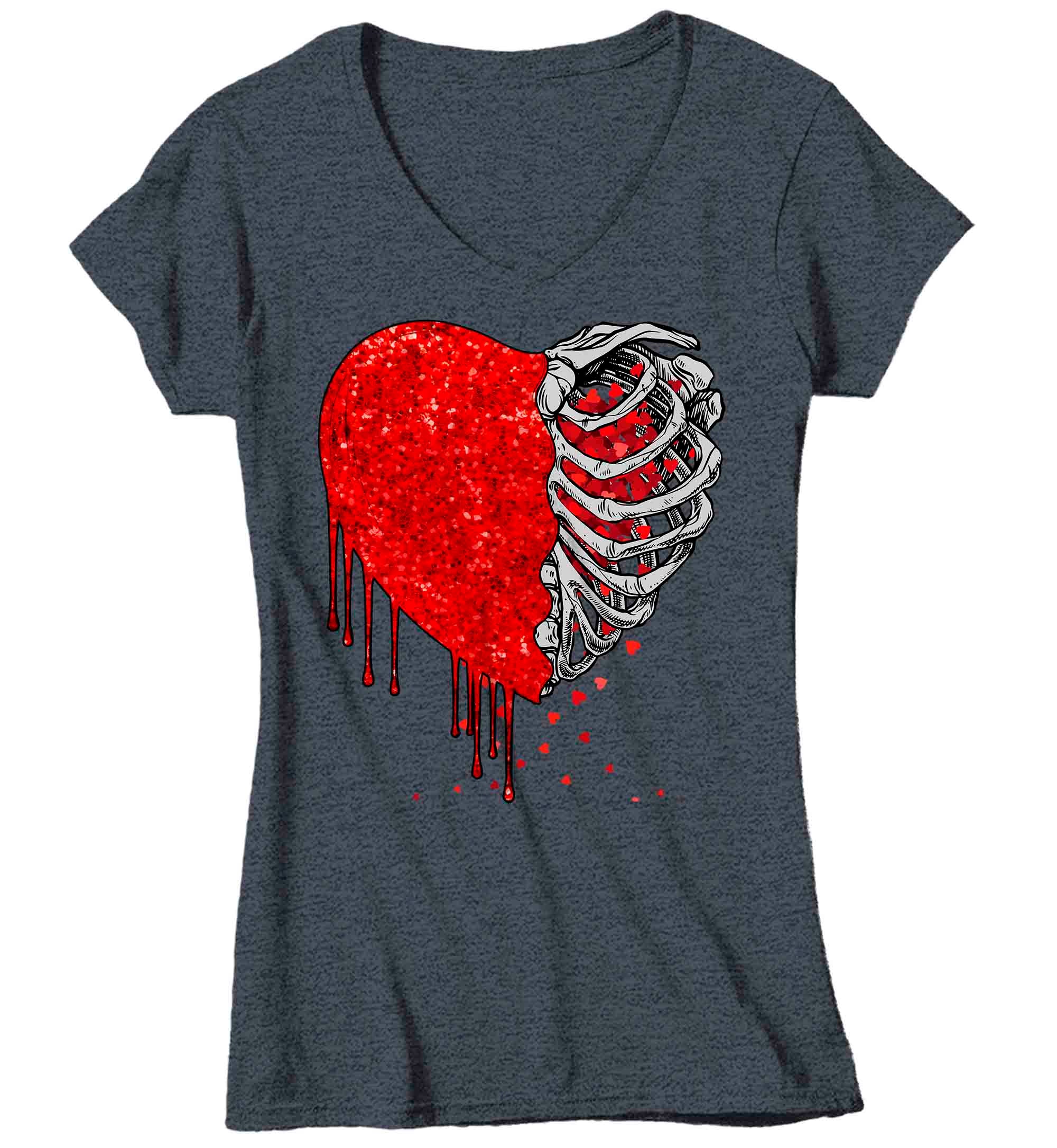 Women's V-Neck Valentine's Day T Shirt Grunge Shirt Rib Skeleton Tee Glitter Heart Halloween