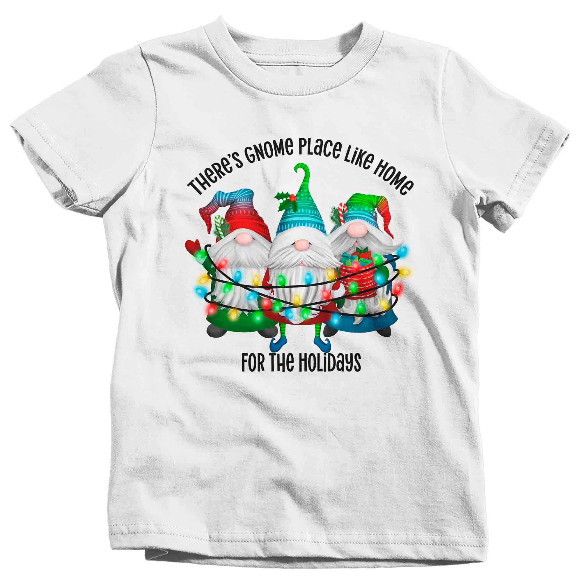 Kids Cute Christmas Shirt Gnome Place Like Home Xmas T Shirts Holiday T Shirts Lights Funny Gnome T-