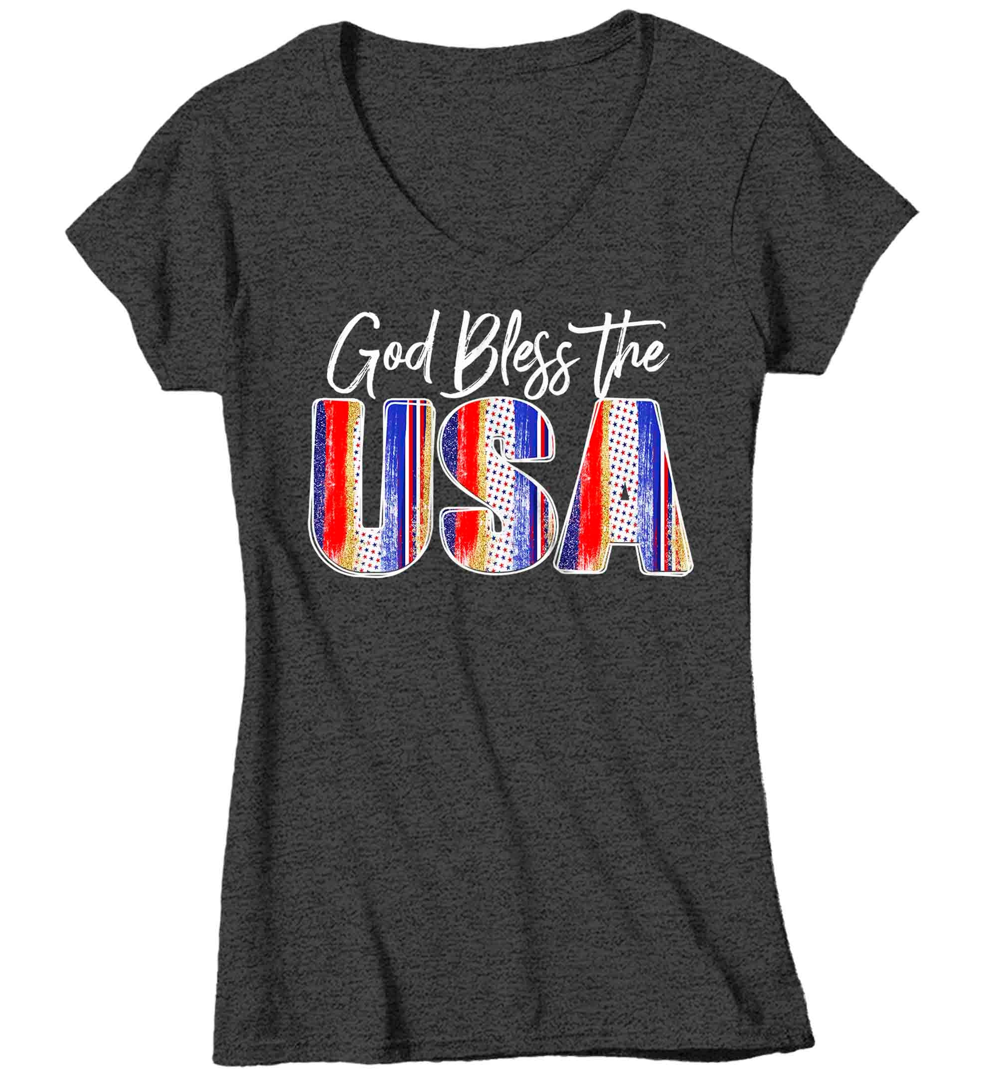 Women's V-Neck God Bless USA T-Shirt 4th July Shirt Patriotic Patriotic United States Of America