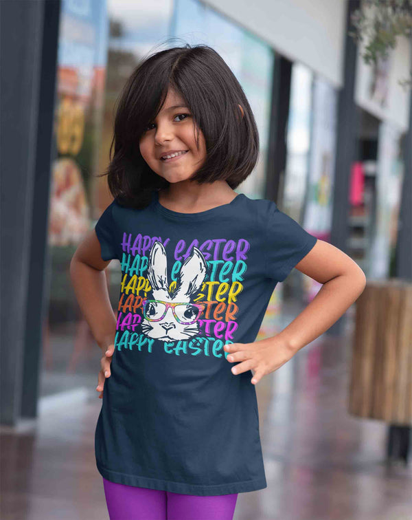 Kids Easter Shirt Happy Easter Bunny T Shirt Hipster Rabbit Glasses Cute Easter Tee Graphic Gift Idea Boy's Girl's-Shirts By Sarah