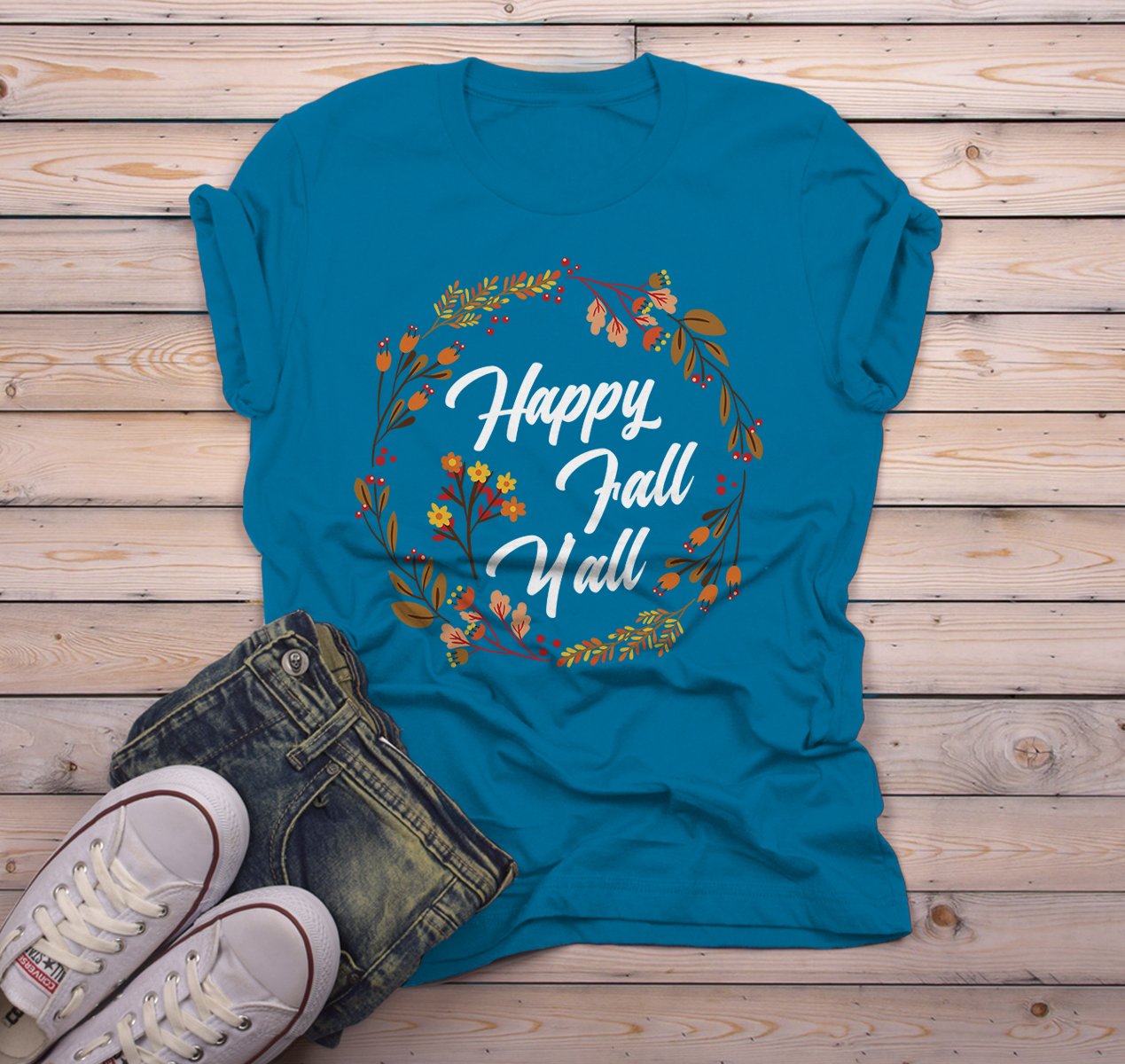 Men's Happy Fall Y'all T Shirt Floral Wreath Graphic Tee