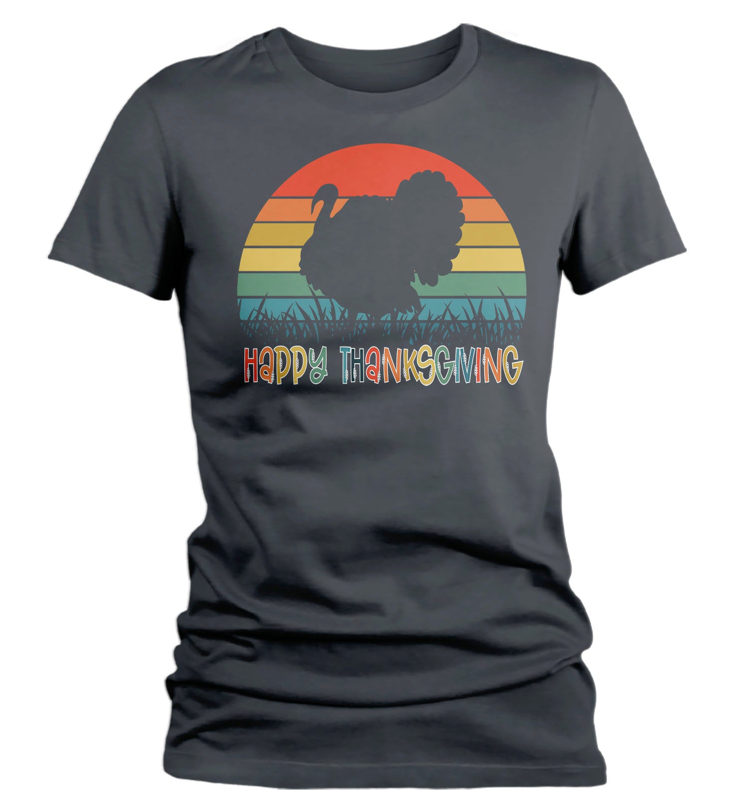 Women's Happy Thanksgiving T Shirt Turkey Shirt Fun Turkey Day Tee Retro Sunset Tshirt Vintage T