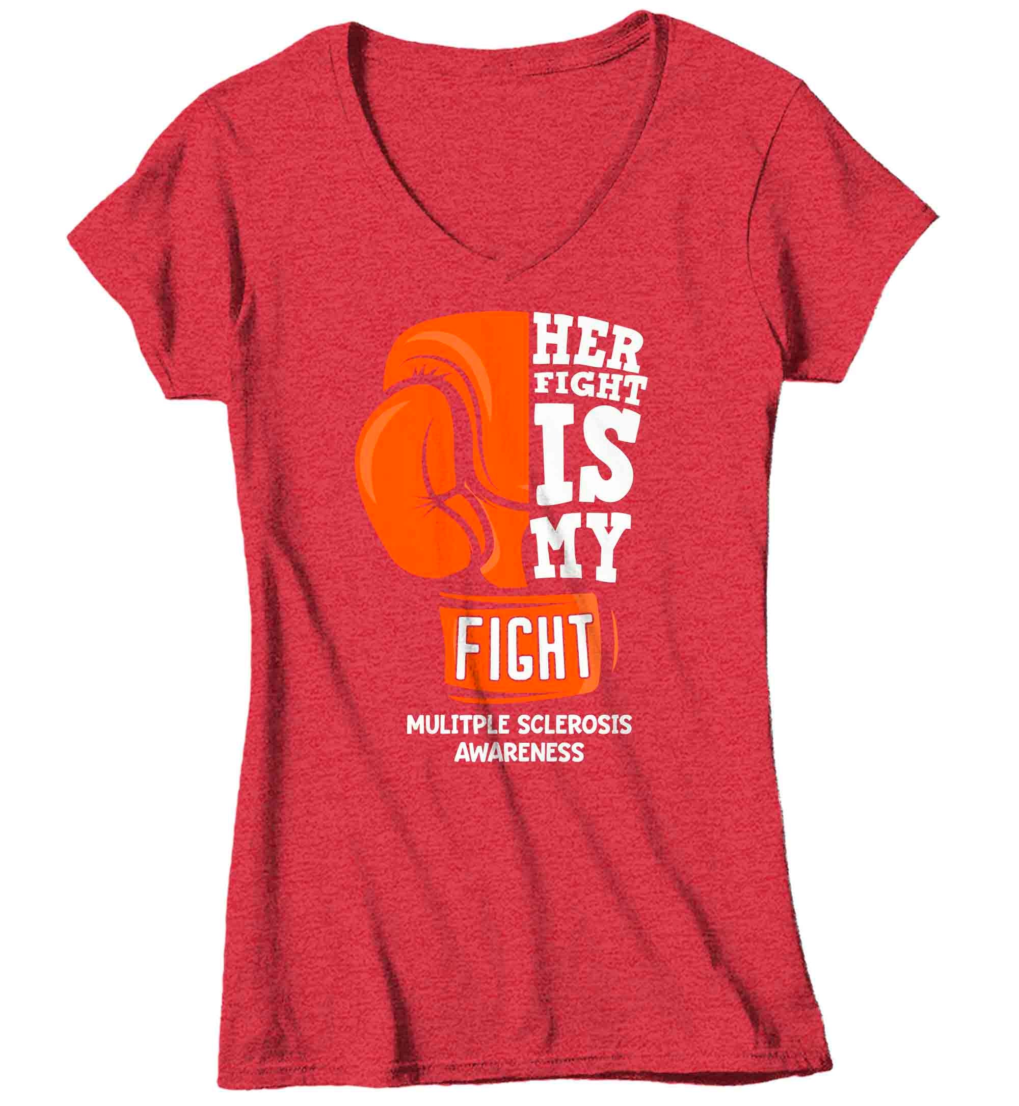 Women's V-Neck Multiple Sclerosis Shirt Her Fight Is My Fight Boxing Glove MS T Shirt Orange Rib