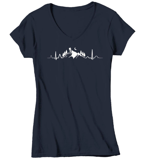 Women's V-Neck Hiking T Shirt Heartbeat Shirt Hiking EKG Shirt Hiker Gift Love Hiking Tee Mountains Shirt Ladies Woman-Shirts By Sarah