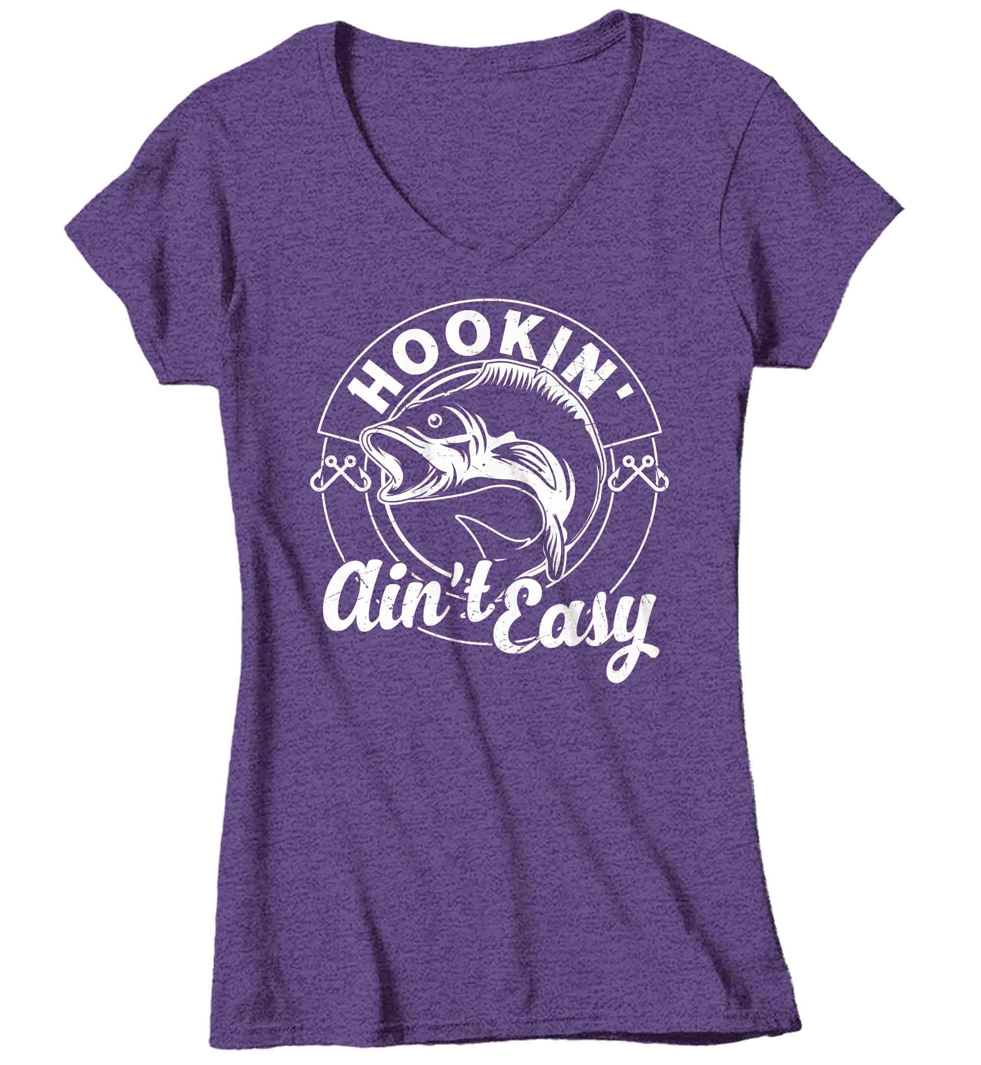 Women's V-Neck Funny Fishing Shirt Hooking Ain't Easy T Shirt Angler Joke Fisherman Rod Catc