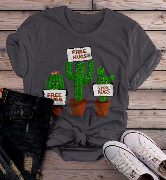 Women's Funny Cactus T Shirt Free Hugs Shirt Hilarious Graph