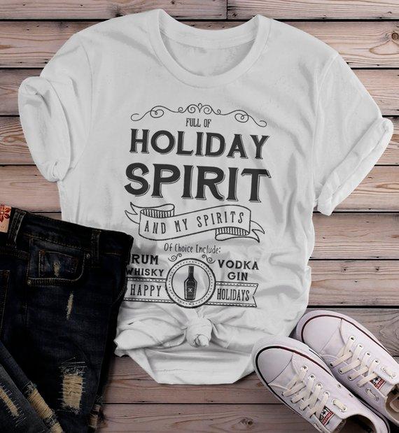 Women's Funny Holiday Spirit T Shirt Drinking Vodka Hilarious Christmas Shirt Gin Rum Vintage Te