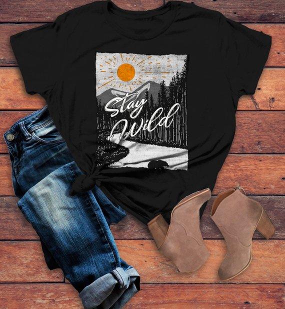 Women's Stay Wild T Shirt Hand Drawn Nature Shirts Bear Wood