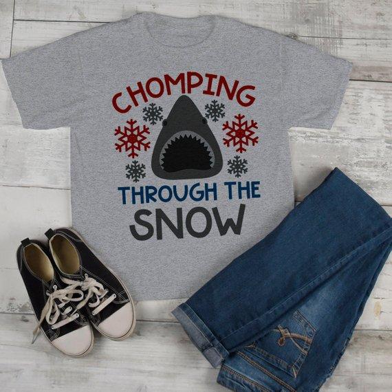 Kids Funny Shark T Shirt Chomping Through Snow Graphic Tee Winte