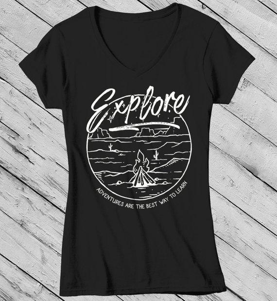 Women's Explore T Shirt Hipster Camping Shirts Adventure Learn Bonfire Tee Hipster Graphic