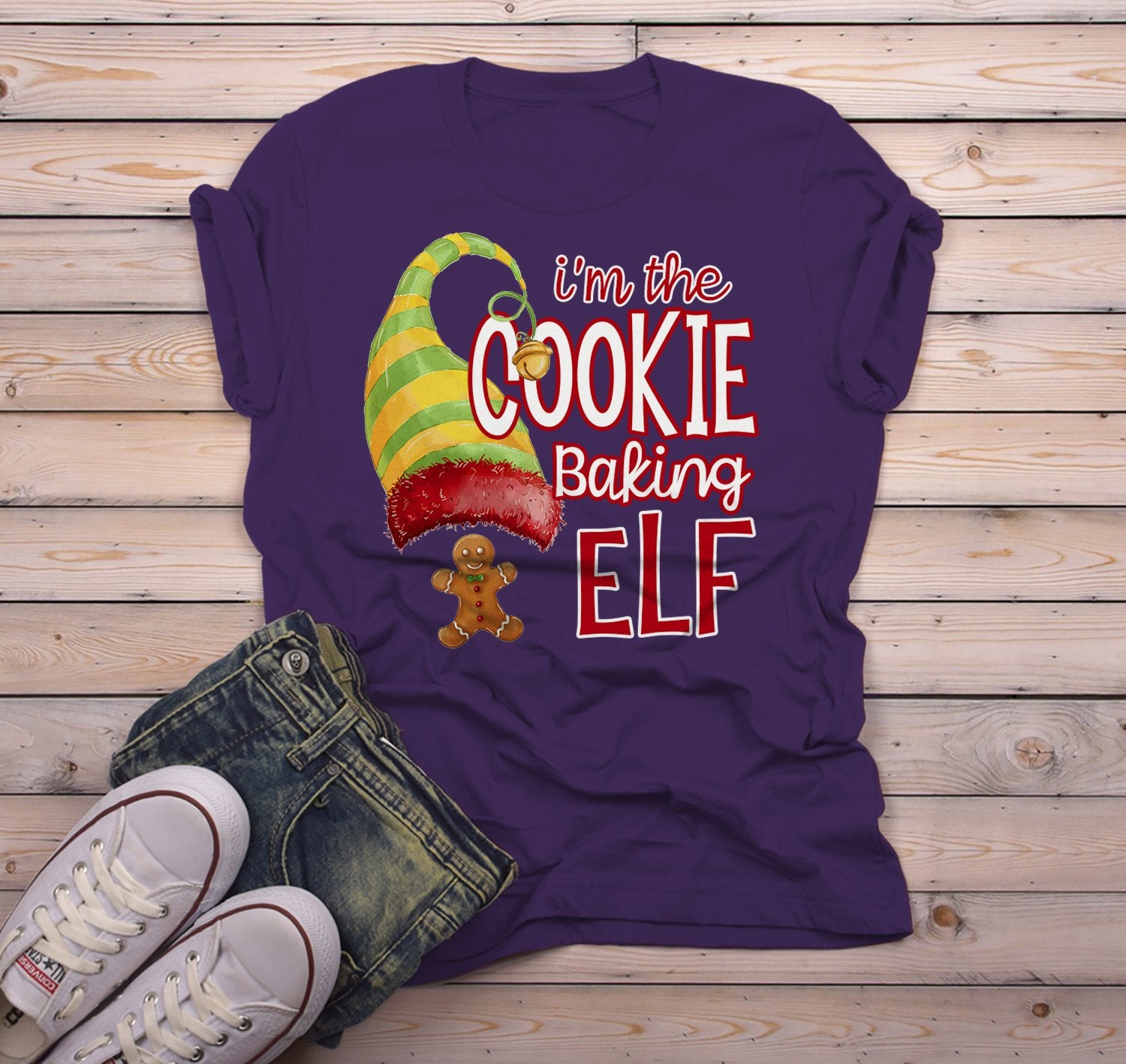 Men's Funny Elf T Shirt Cookie Baking Matching Christmas Shirts Graphic Tee Watercolor