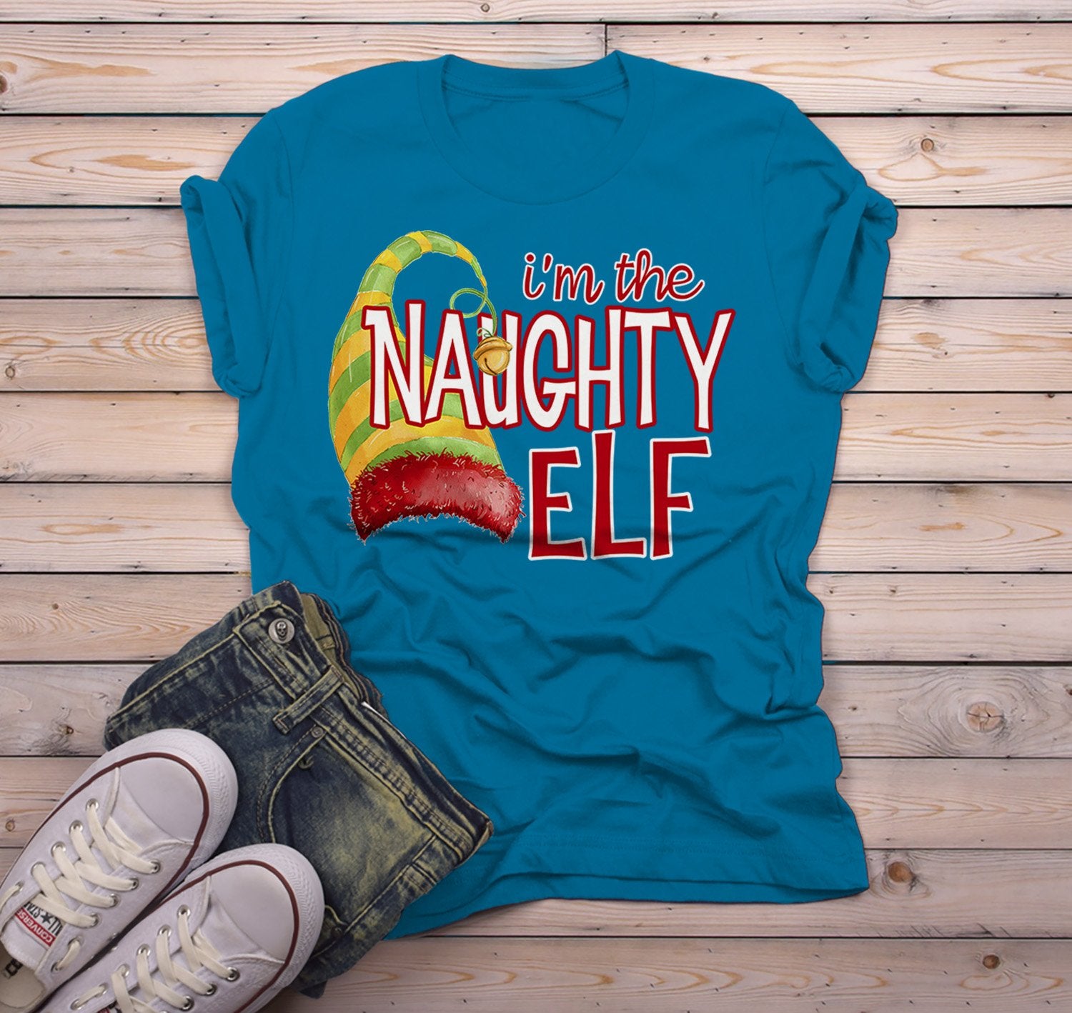 Men's Funny Elf T Shirt Naughty Matching Christmas Shirts Graphic Tee Watercolor Elves