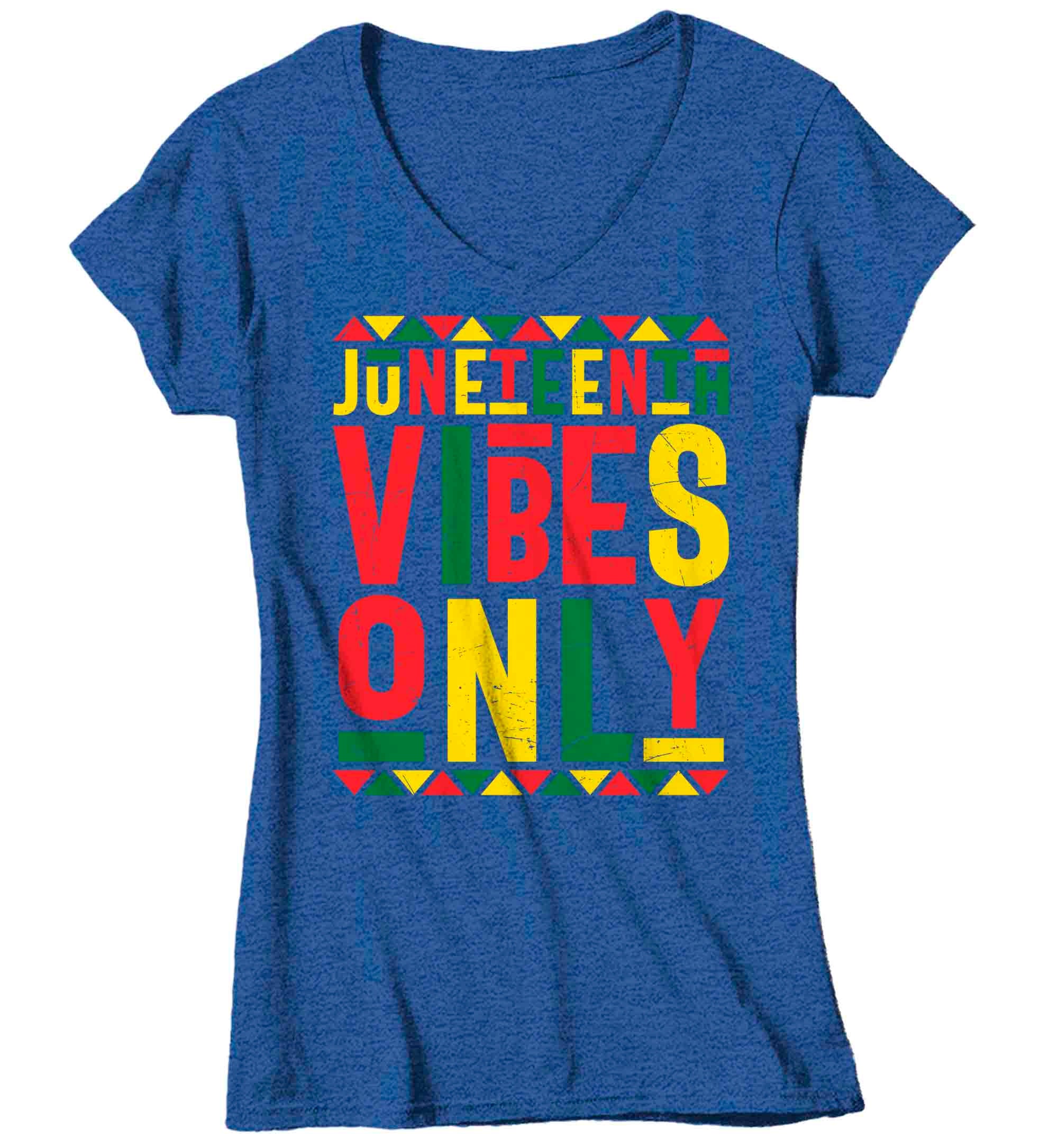 Women's V-Neck Juneteenth Shirt Vibes Only T Shirt Black History Tee African Chains American Sla