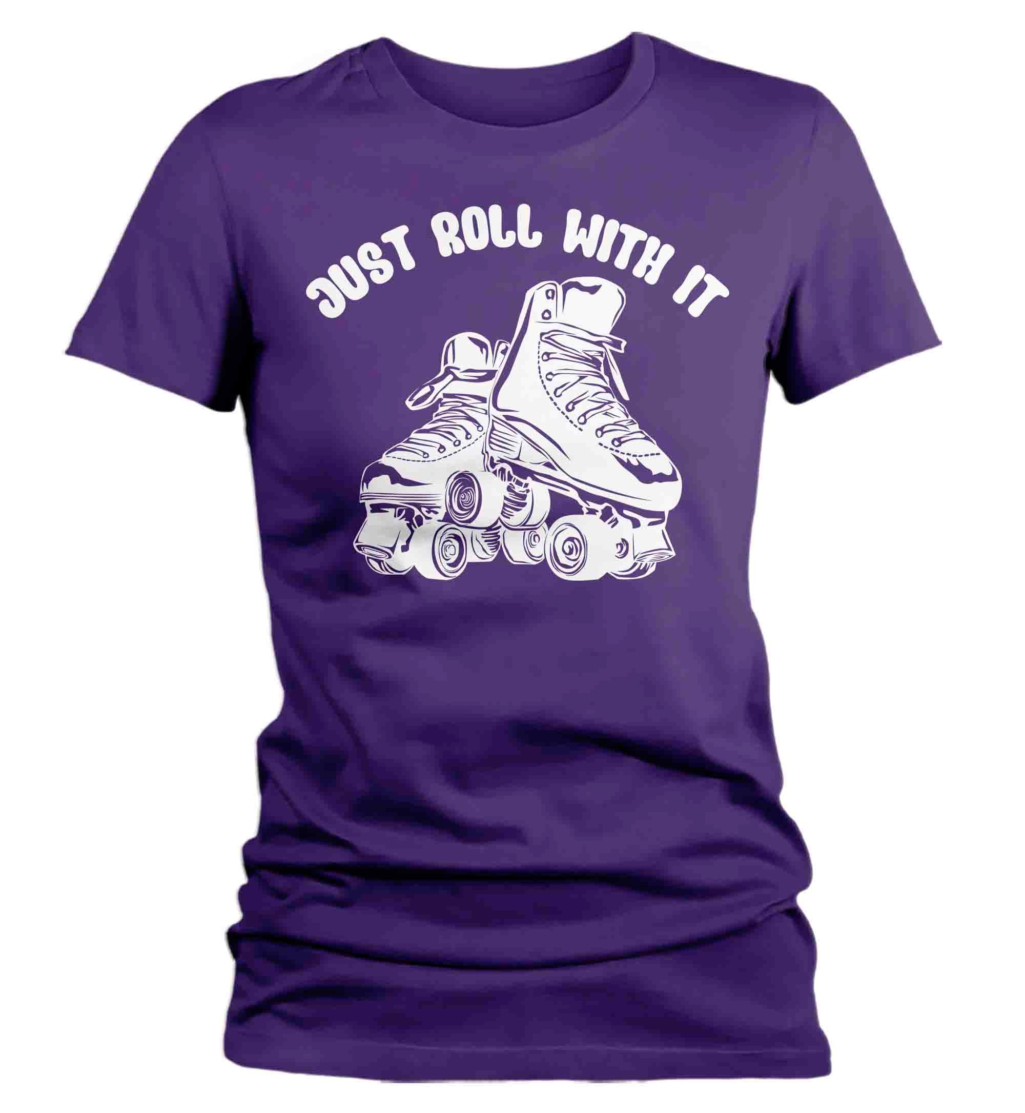 Women's Funny Roller Derby Shirt Roller Skate Tee Just Roll With It Vintage Groovy Gift Saying Q