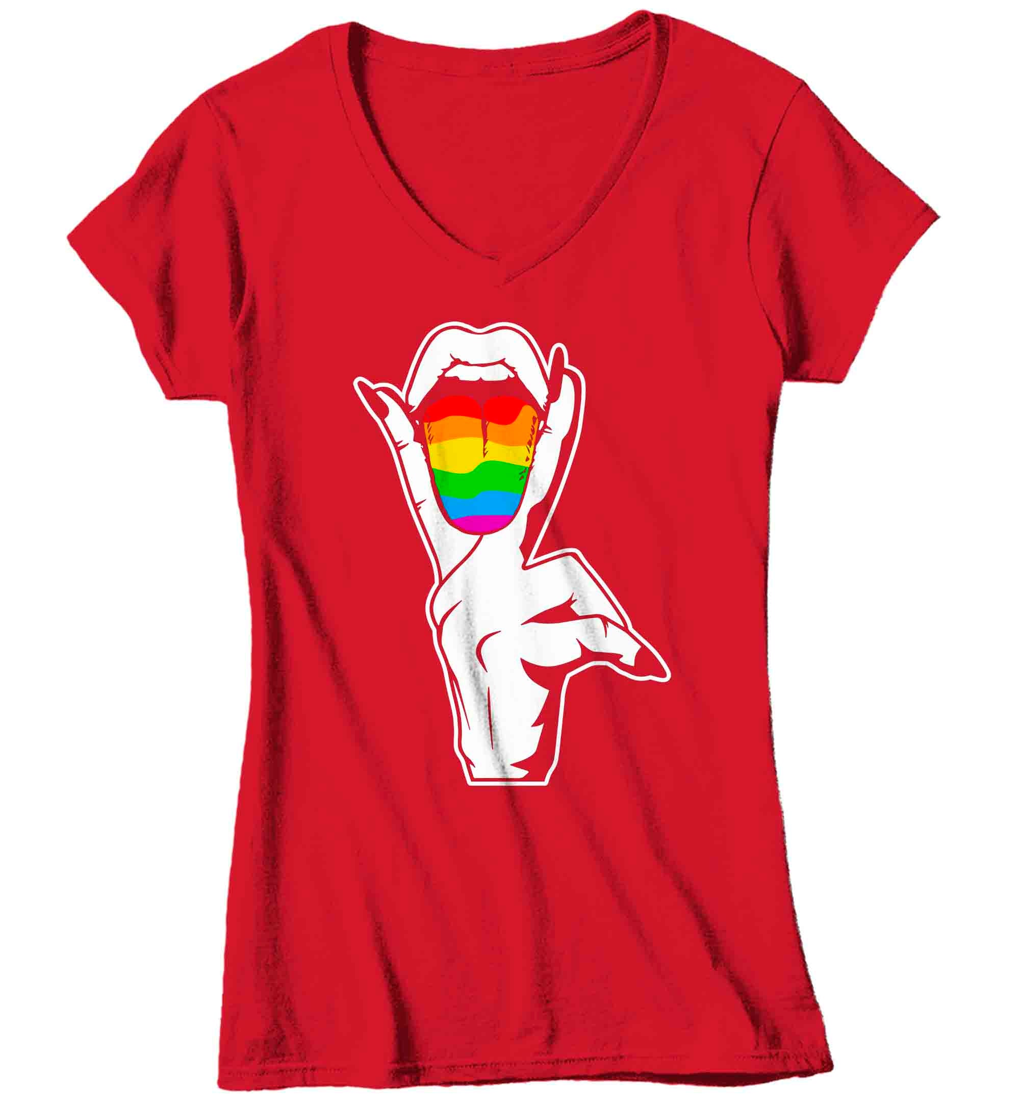 Women's V-Neck Lesbian Pride Shirt LGBTQ T Shirt Tongue Lips Shirts Rainbow Proud Funny LGBT Shi