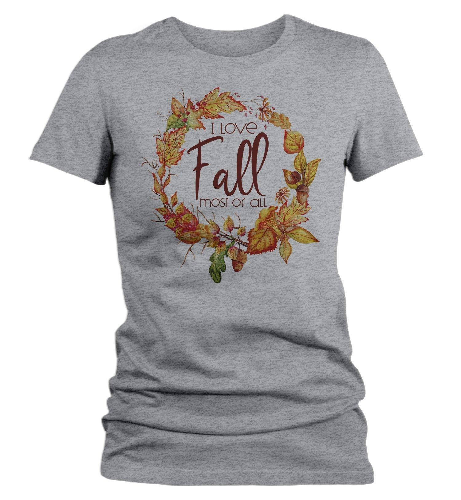Women's Love Fall T Shirt Wreath Graphic Tee Love Fall Most 