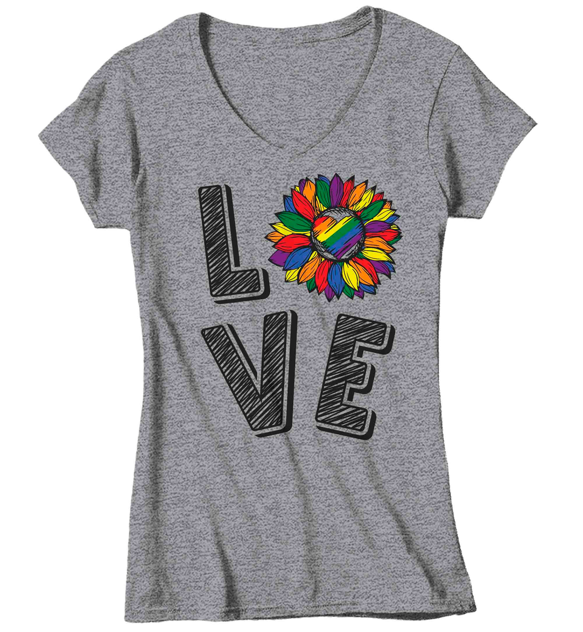 Women's V-Neck Love LGBT T Shirt LGBTQ Support Shirt Sunflower Rainbow Shirts Inspirational LGBT