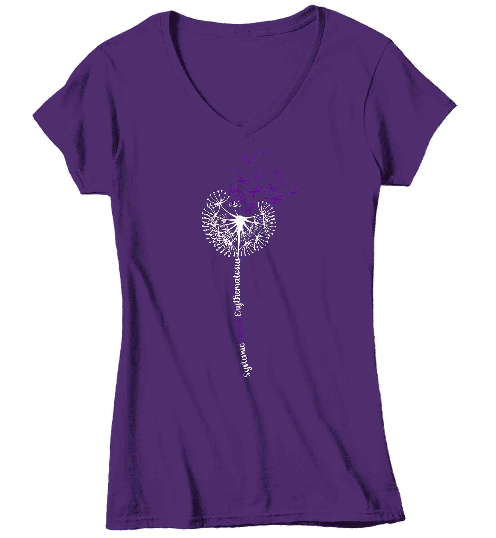 Women's V-Neck Lupus Shirt Purple Dandelion Lupus Support T Shirt Vintage Purple Ribbon Gift Gra