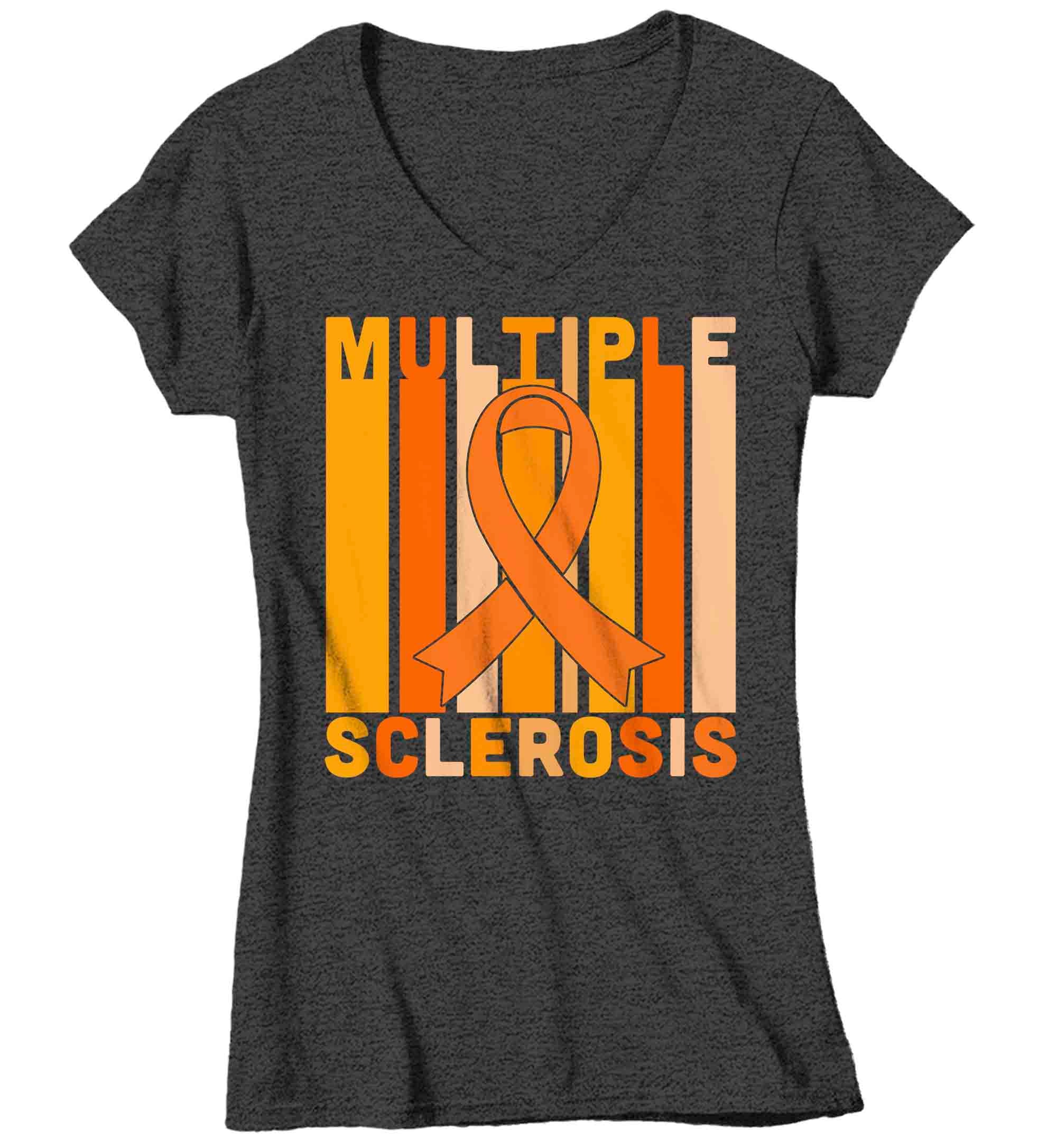 Women's V-Neck Multiple Sclerosis Shirt Orange Ribbon MS Support T Shirt Vintage Orange Ribbon G