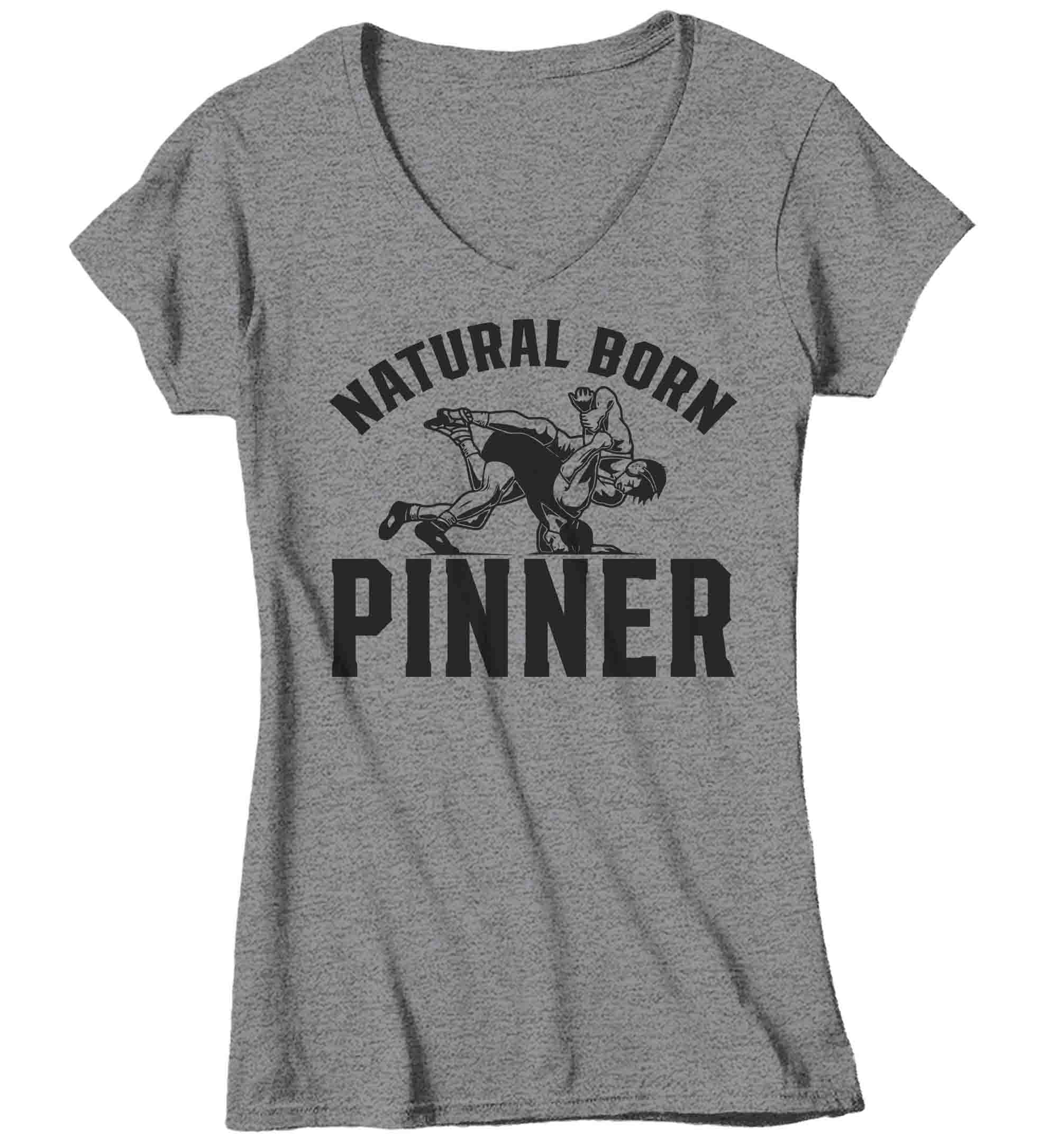 Women's V-Neck Wrestling Shirt Natural Born Pinner T-Shirt Wrestler Wrestle Team Saying Athlete 