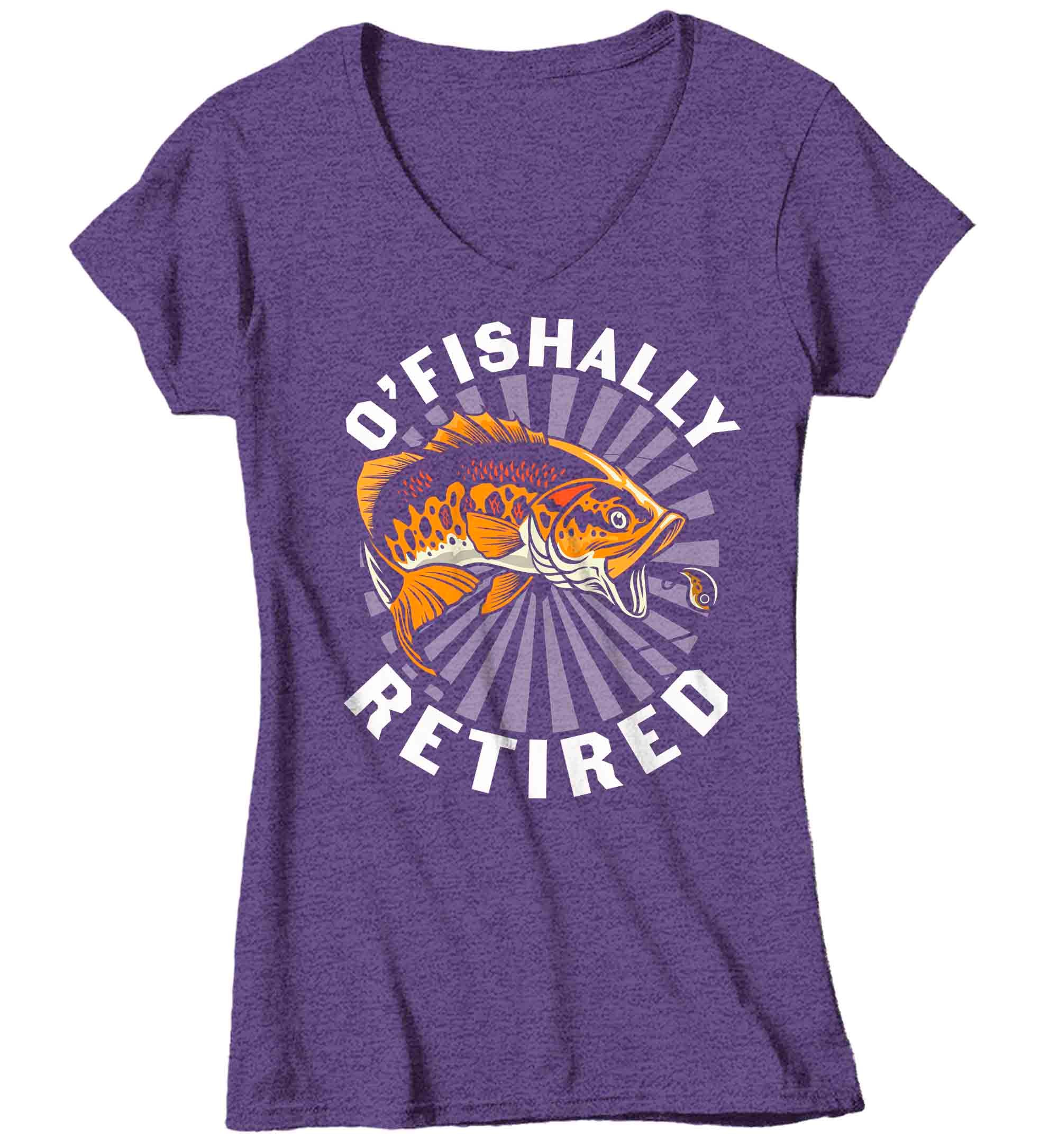 Women's V-Neck Funny Fishing T-Shirt Ofishally Retired Vintage Shirt Fisherman Gift Humor Bass F