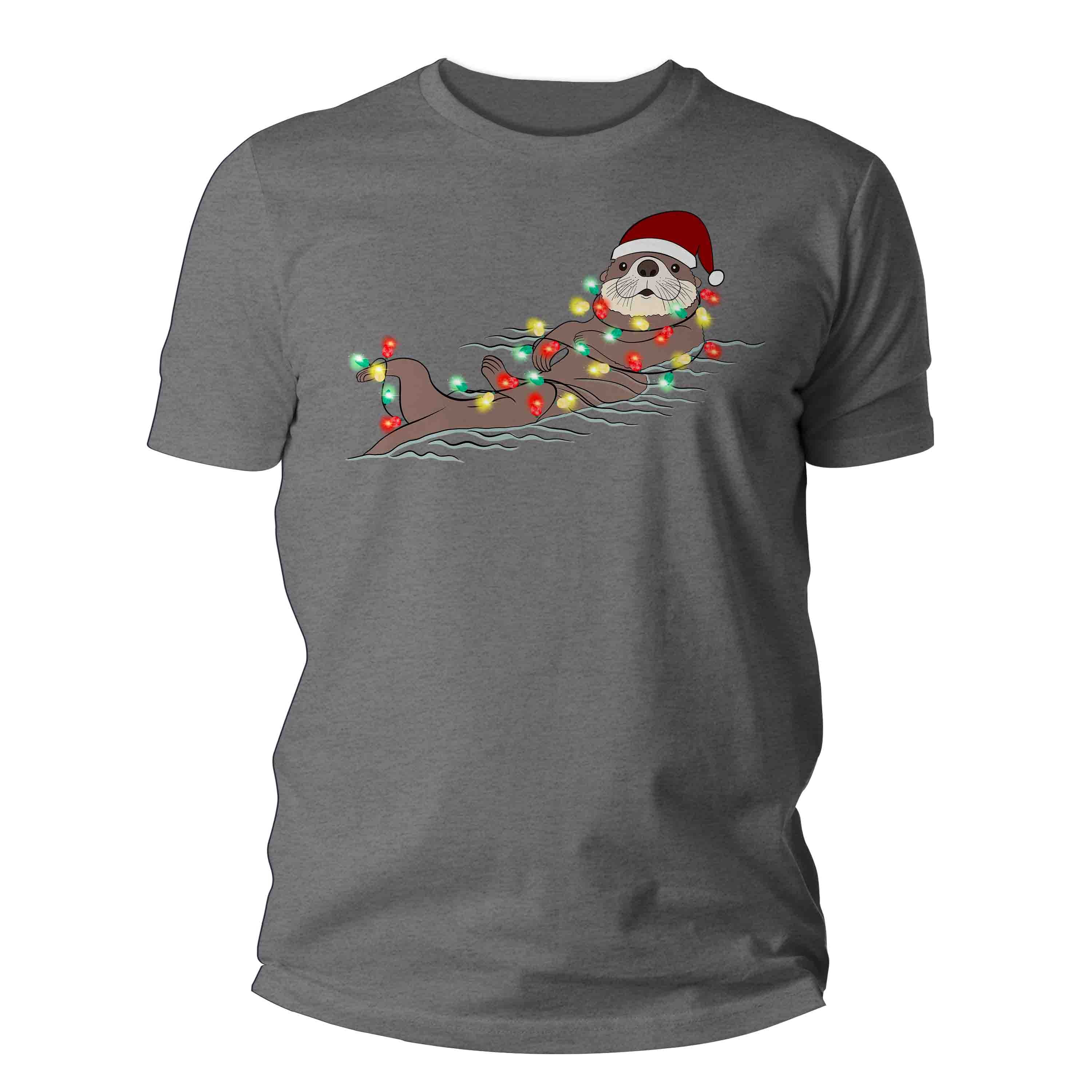 Men's Christmas Shirt Otter XMas Lights T Shirt Cute Tee Tree Lights Santa Hat Sea Otter Holiday