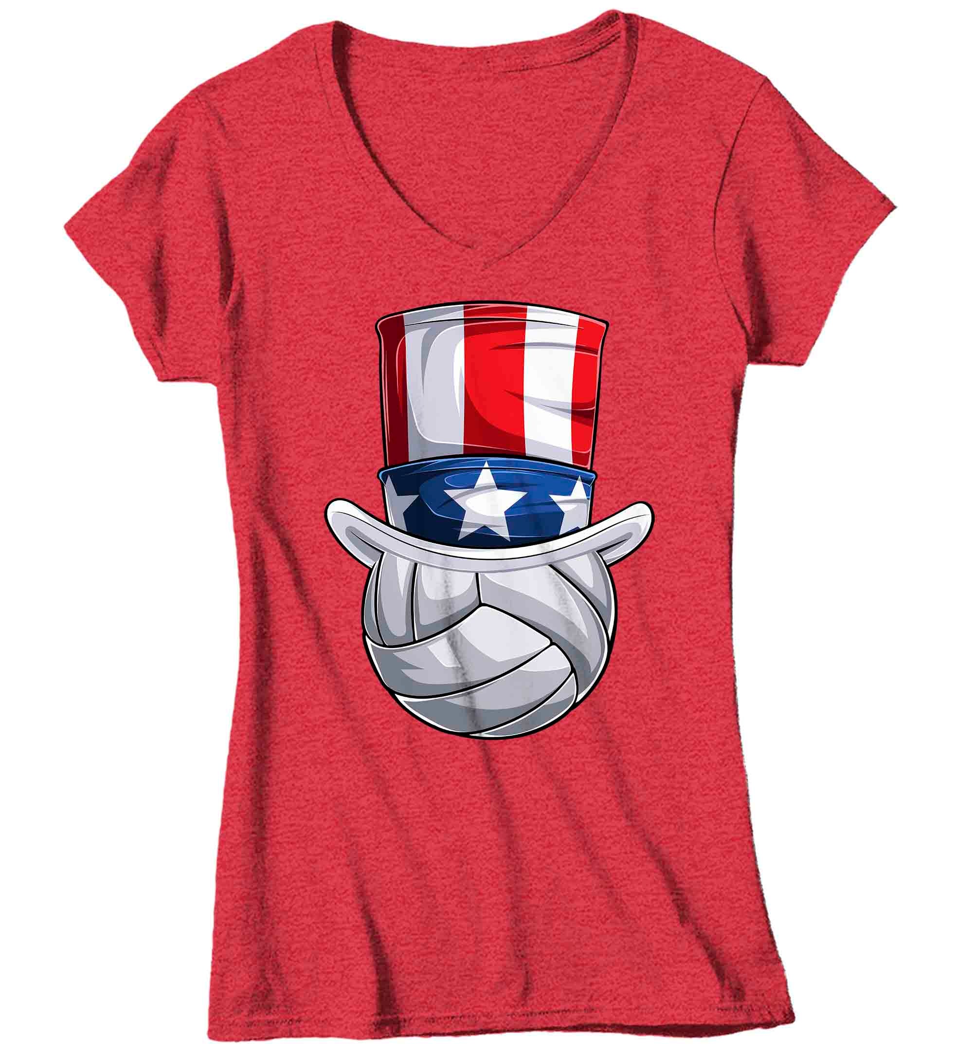 Women's V-Neck Funny 4th July T Shirt Patriotic Volleyball Shirt Patriot Hat USA Memorial Indepe