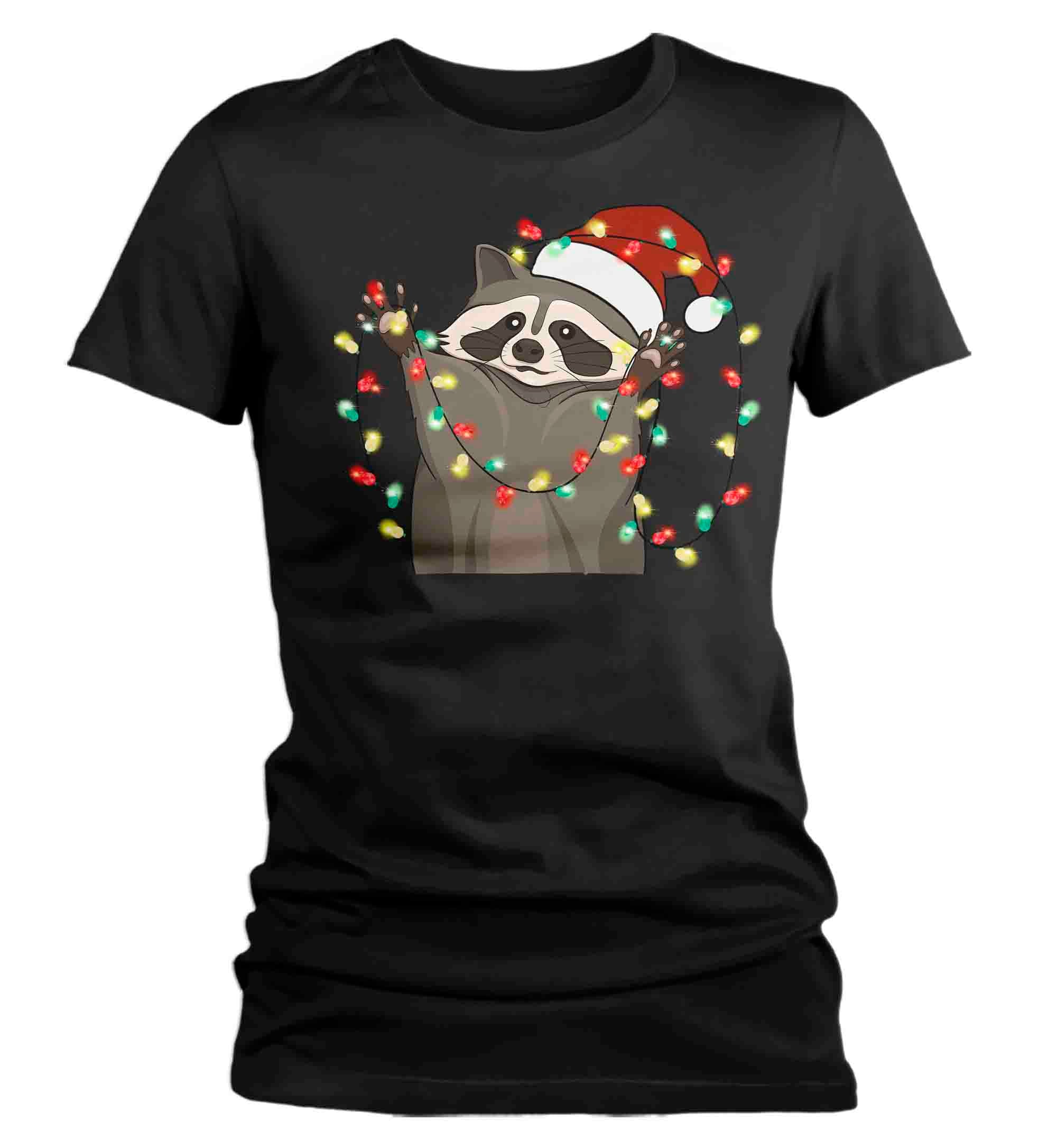 Christmas Shirt Racoon XMas Lights T Shirt Cute Tee Tree Lights Santa Hat Animal Holiday Funny Graph