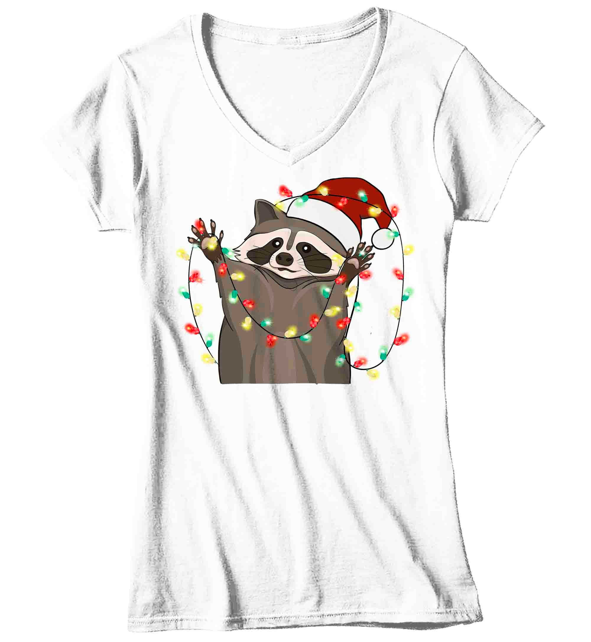 Women's V-Neck Christmas Shirt Racoon XMas Lights T Shirt Cu