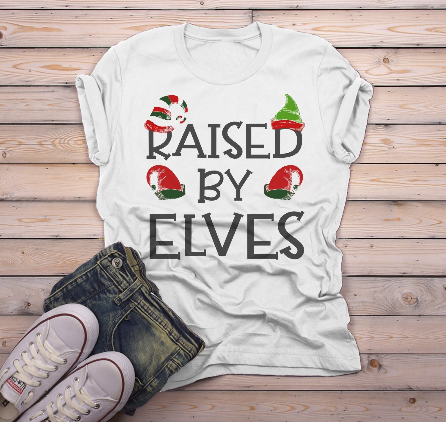 Men's Elf Outfit Christmas Shirt Elf Shirts Raised By Elves Graphic Tee Funny Elf Tshirt Elves T