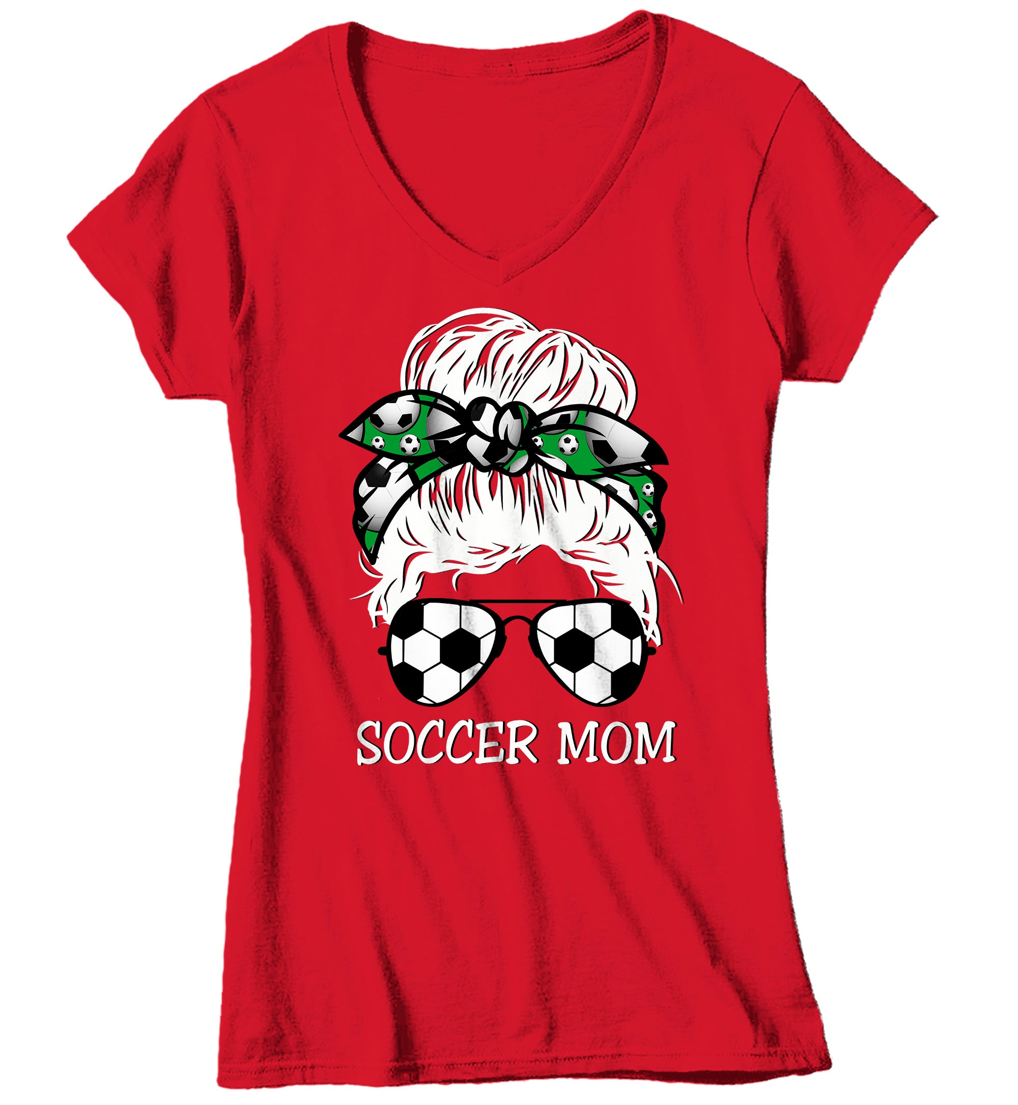 Women's V-Neck Cute Soccer Mom Shirt Messy Bun T Shirt Socce