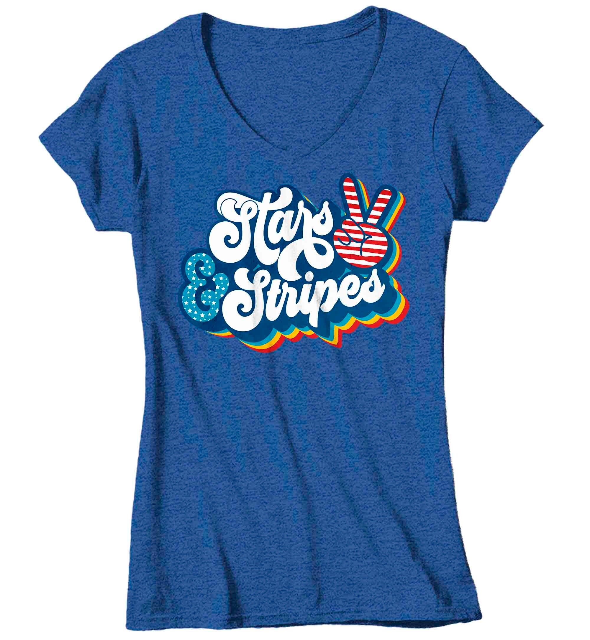 Women's V-Neck Stars & Stripes Shirt 4th July T Shirt Peace Sign Cute America Tee Independen