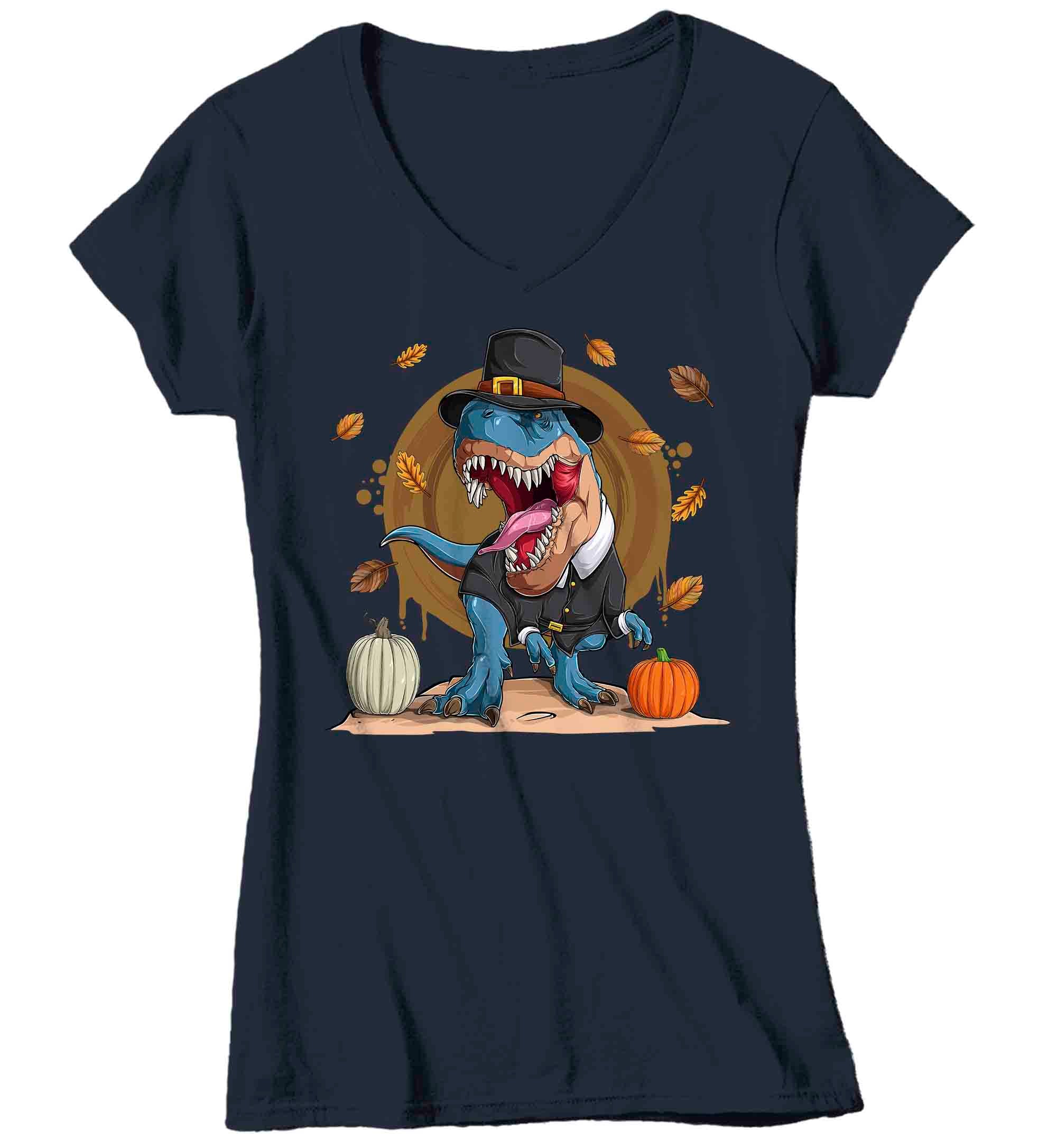 Women's V-Neck Funny Thanksgiving Tee T Rex TShirt Tyrannosaurus Pilgrim Shirts Turkey Day Shirt