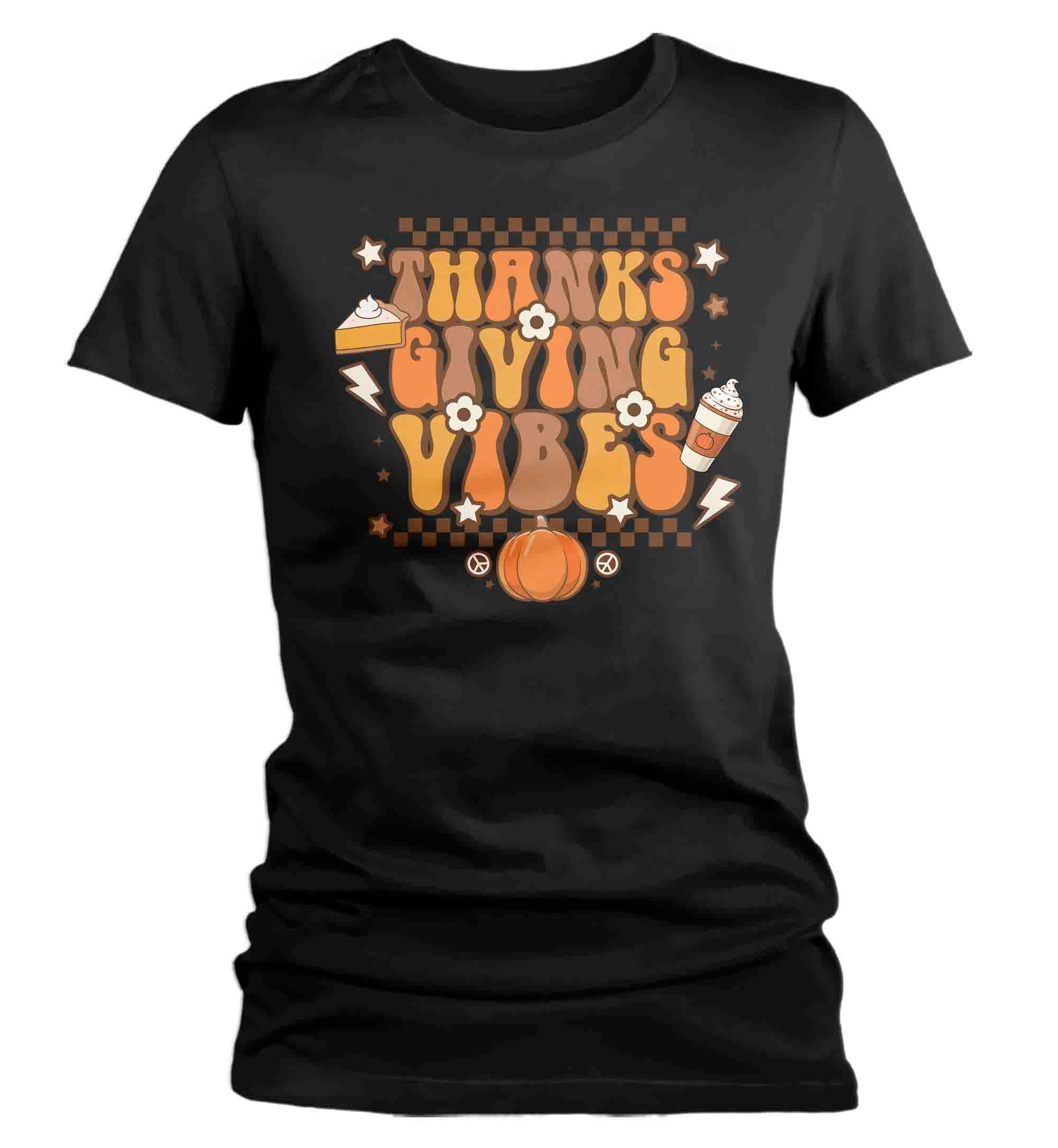 Women's Funny Thanksgiving T-Shirt Retro Vibes Shirt Thanks 