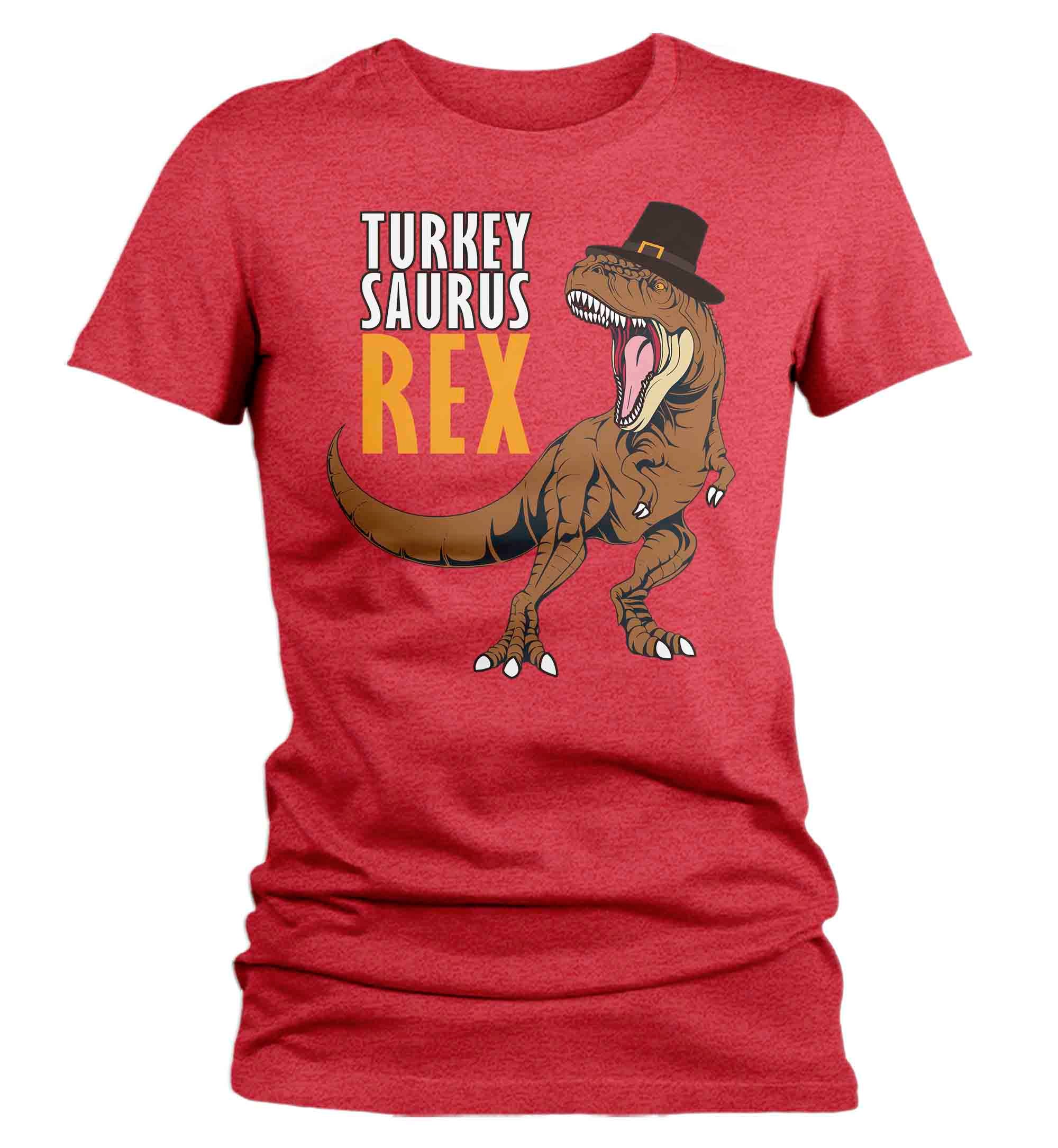 Women's Funny Thanksgiving Tee Turkey Saurus Rex Shirts Turkey Day Pilgrim Hat TShirt Holiday Di